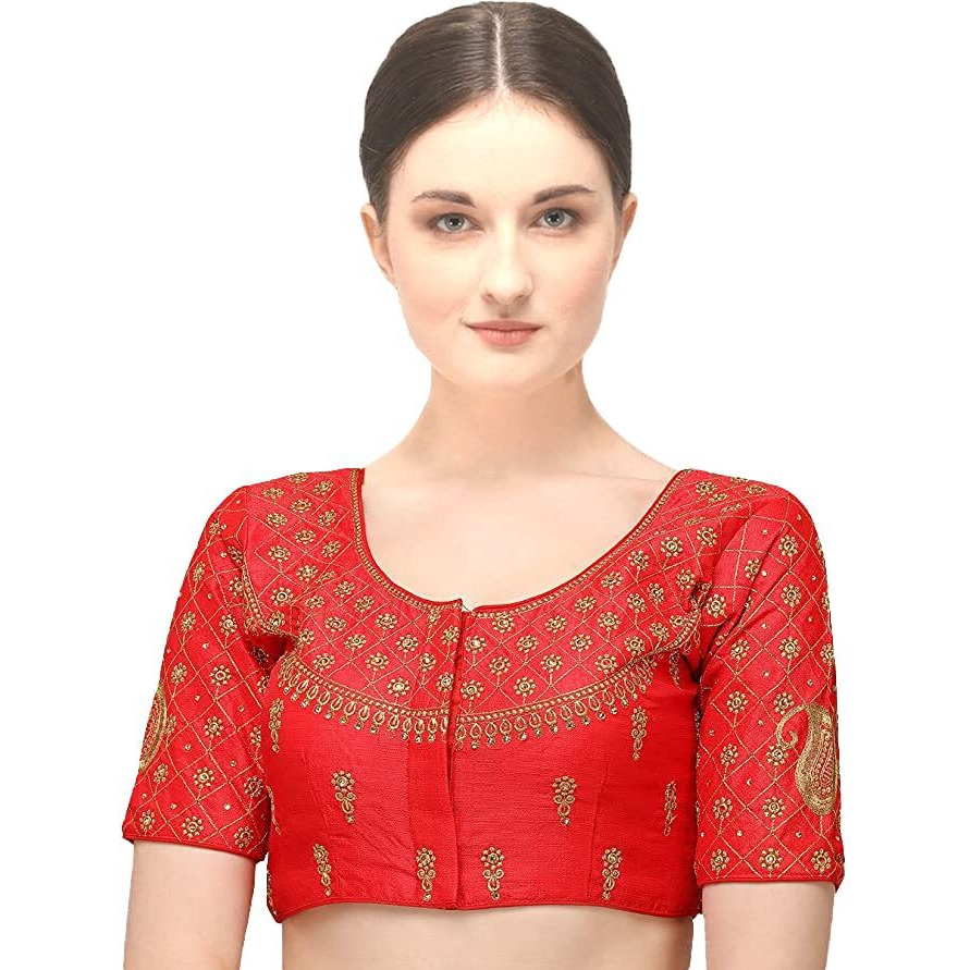 Pujia Mils Women's Silk Solid Half Sleeve Blouse (Keri_Red_38)