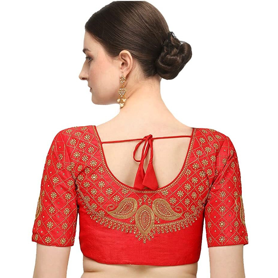 Pujia Mils Women's Silk Solid Half Sleeve Blouse (Keri_Red_38)