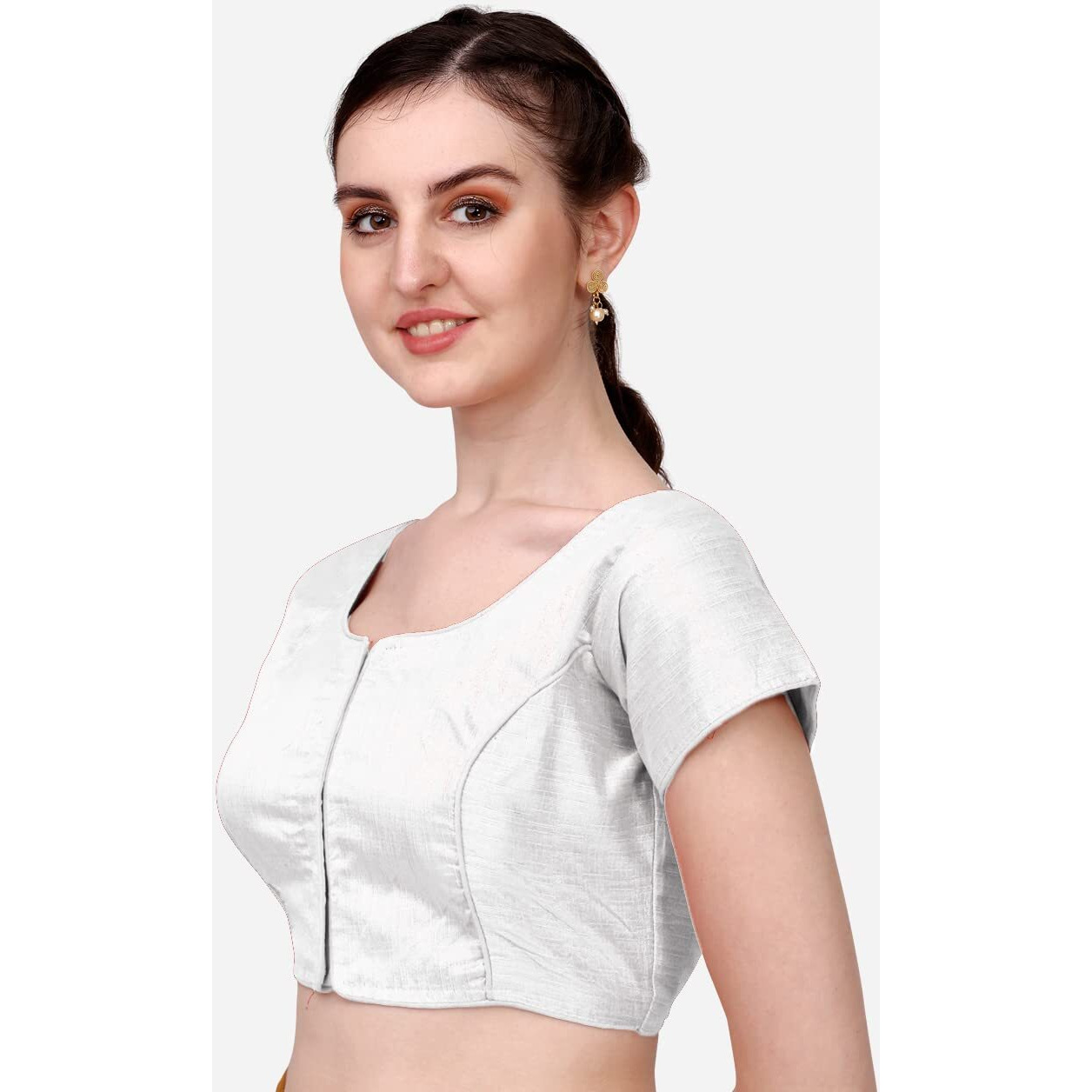 Pujia Mills Women's Silk Solid Short Sleeve Blouse (Kajal 3 Blouse_White_38)