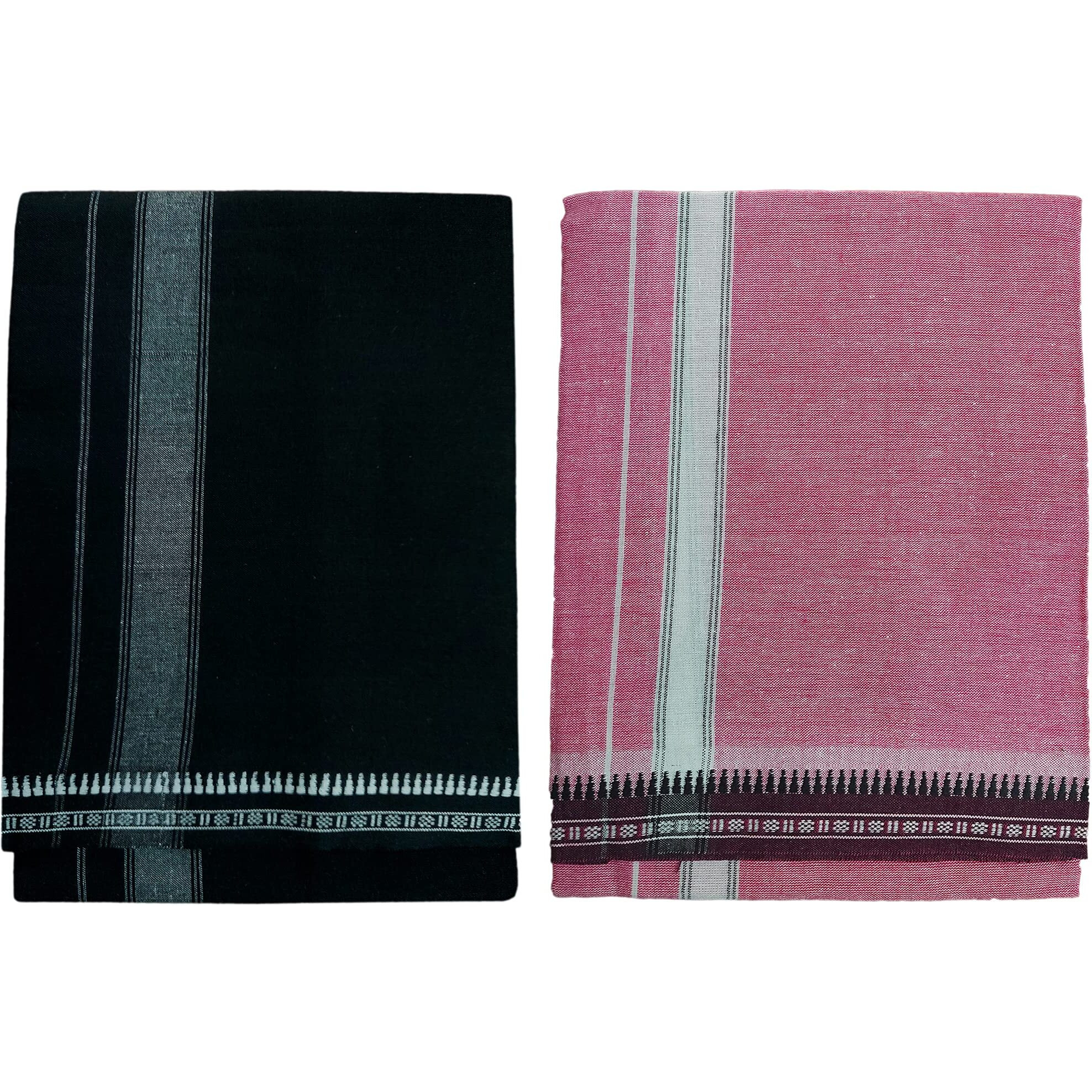 Prakasam Cotton Fine Quality Mens Kerala Style Thalapathi Border Single (1.28X2.00 Mtrs) -Dhoti-Kerala Single Mundu (Pack Of 2 Dhoties)- BlackPink
