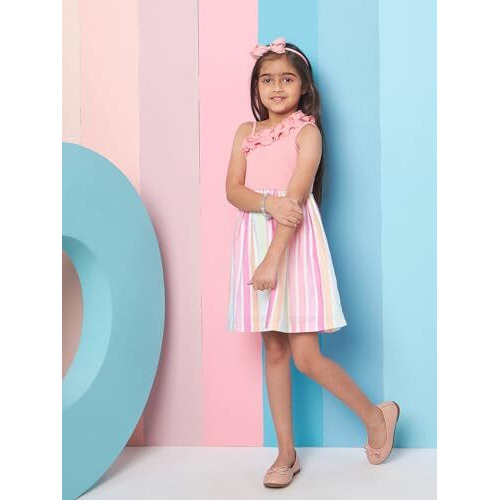 Pspeaches Girl's Sleeveless Striped Woollen Fit Flare Pink Dress With Shoulder Straps Stylish & Trendy Style (9-10Years)