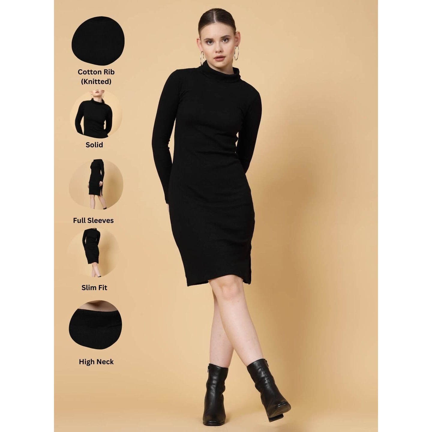 Rigo Cotton Bodycon Midi Dress For Women | Slim Fit Full Sleeves Women's One Piece Dress | Casual | Party | Western Midi Dress For Women Dark Black