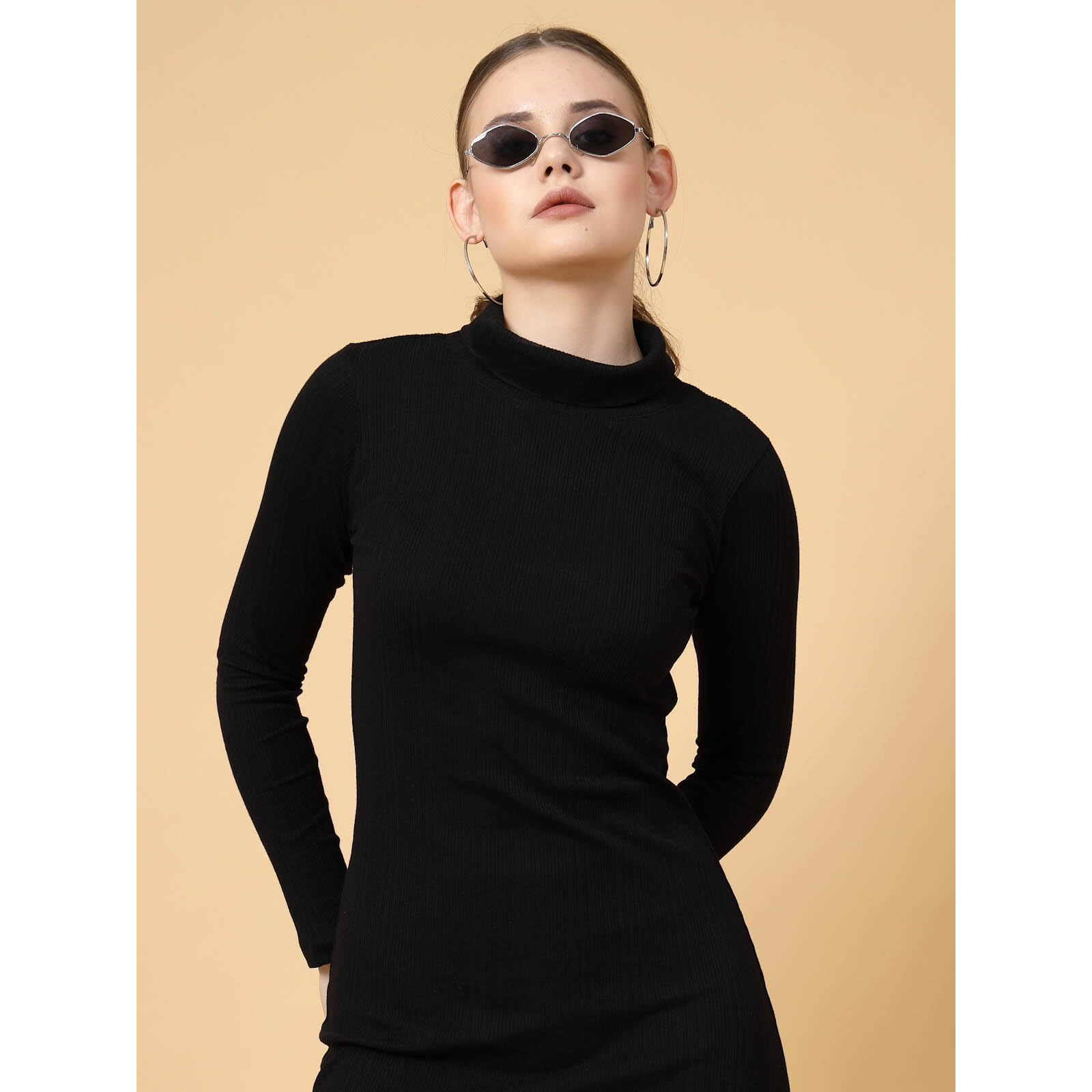 Rigo Cotton Bodycon Midi Dress For Women | Slim Fit Full Sleeves Women's One Piece Dress | Casual | Party | Western Midi Dress For Women Dark Black