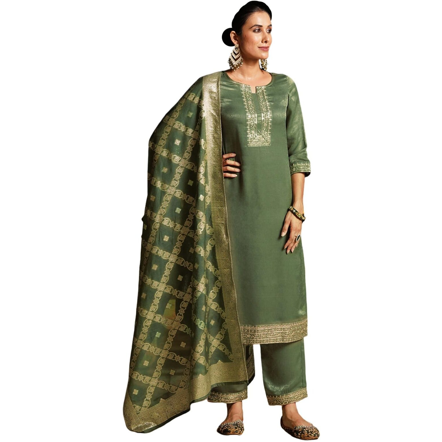 Sanisa Women's Velvet Sequins Embroidery Straight Kurta With Pant And Dupatta Set (214Kbd2261N-S_Olive Green)