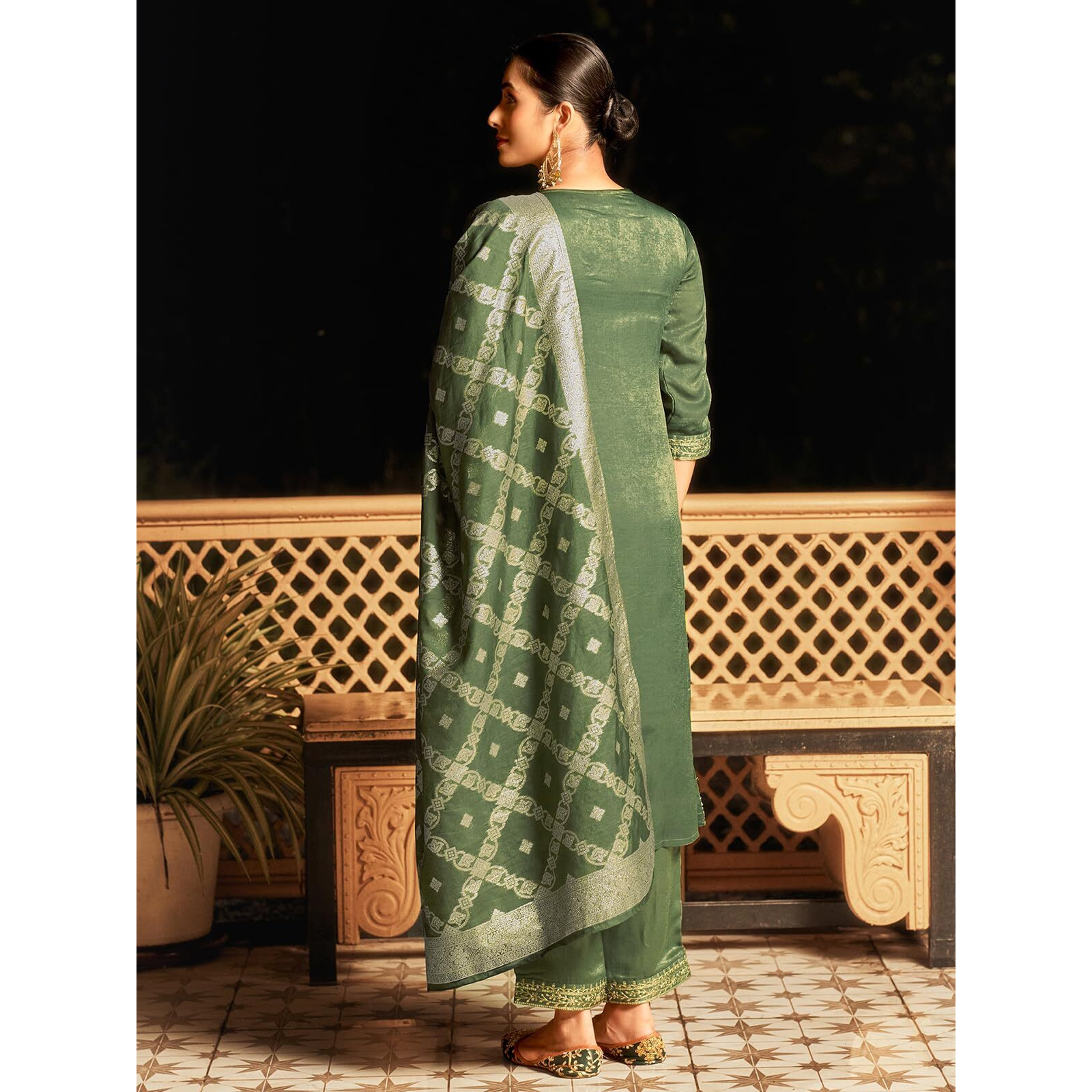 Sanisa Women's Velvet Sequins Embroidery Straight Kurta With Pant And Dupatta Set (214Kbd2261N-S_Olive Green)