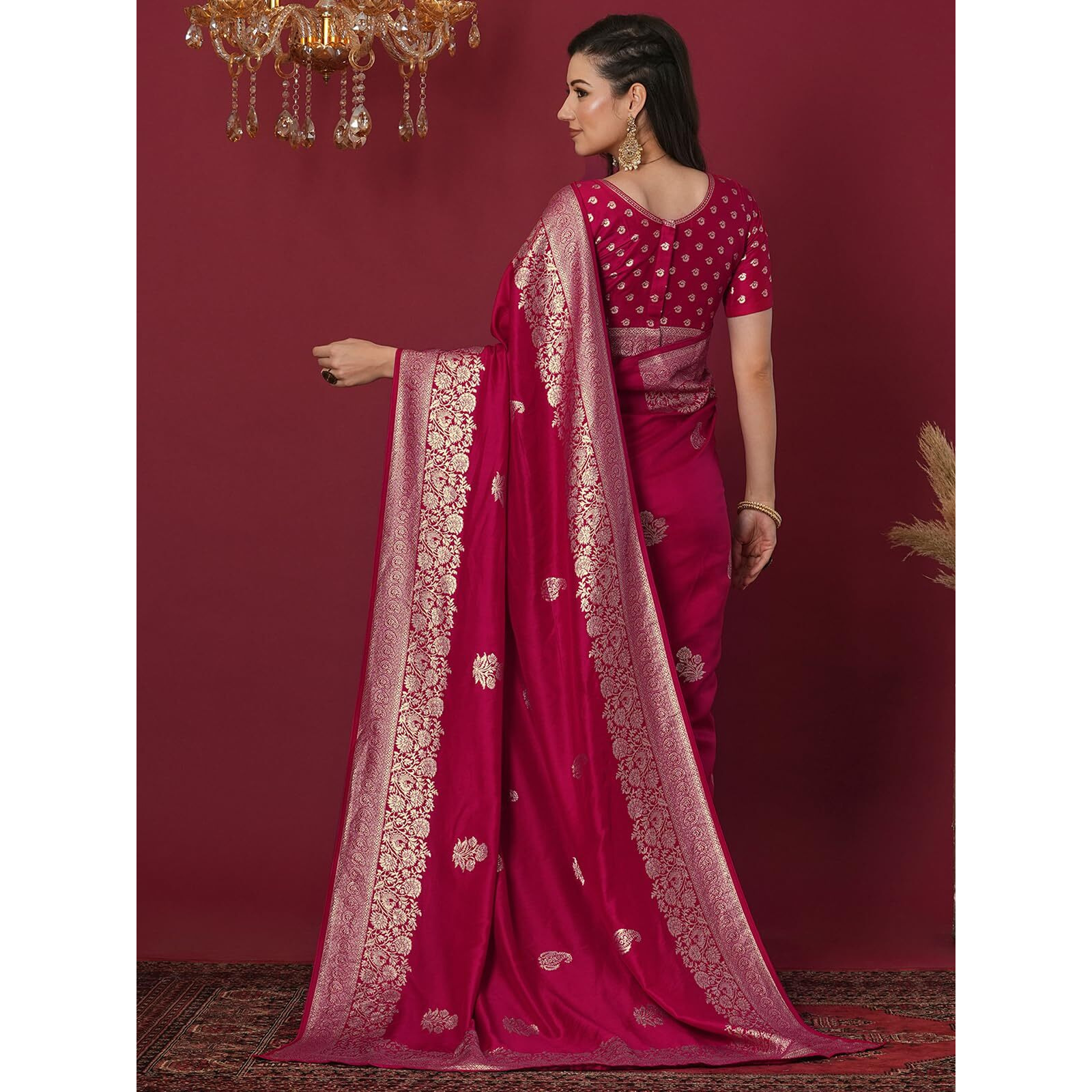 Satrani Women's Cotton Silk Banarasi Jacquard Saree With Unstitched Blouse Piece (4067S6415N_Rani Pink)