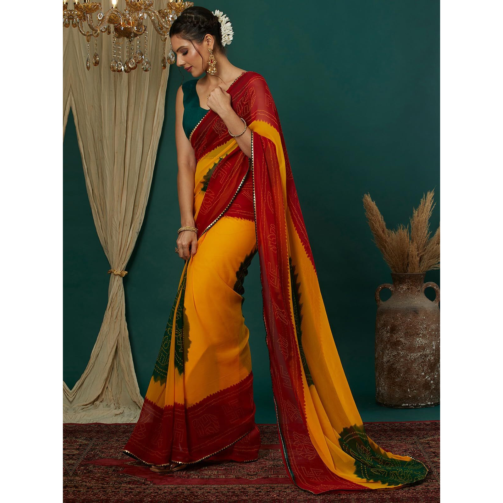 Satrani Women's Georgette Bandhani Printed Saree With Unstitched Blouse Piece (4132S131N_Yellow & Red & Dark Green)