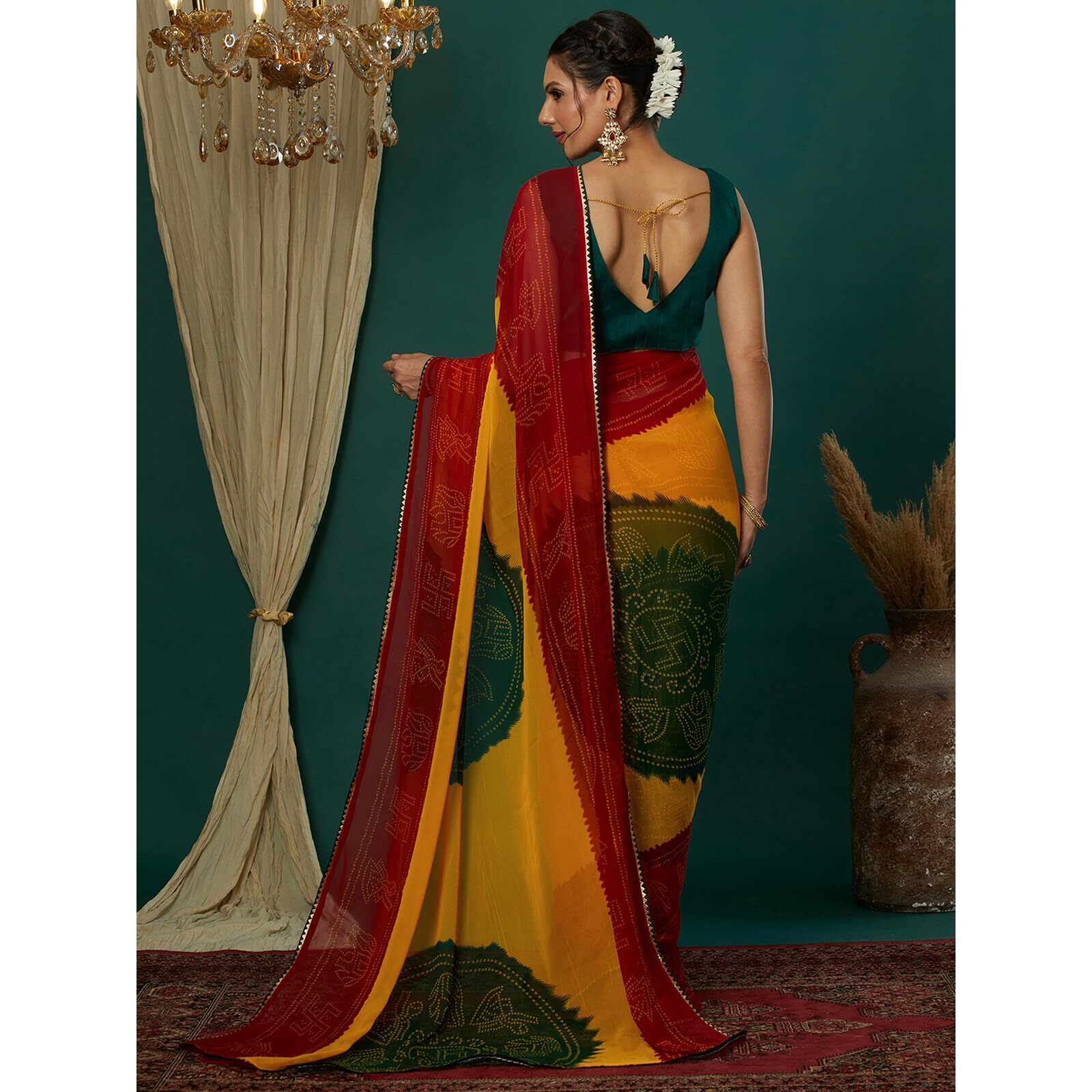 Satrani Women's Georgette Bandhani Printed Saree With Unstitched Blouse Piece (4132S131N_Yellow & Red & Dark Green)