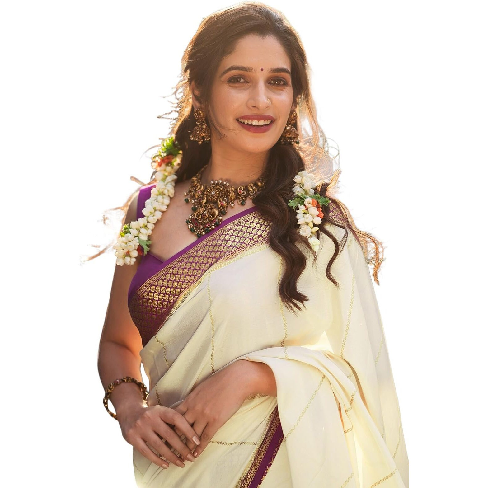 Satrani Women's Silk Weaving Kanjivaram Saree With Unstitched Blouse Piece (4181S114N_Cream & Purple)