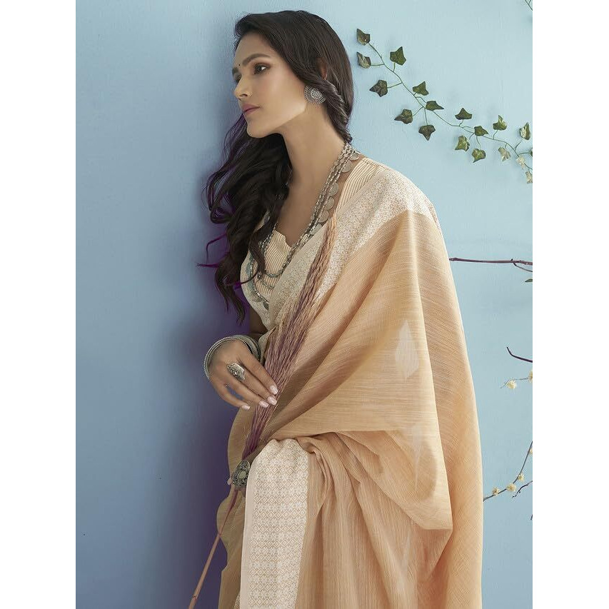 Satrani Women's Cotton Self Woven Saree With Unstitched Blouse Piece (3095S733N_Light Orange & White)