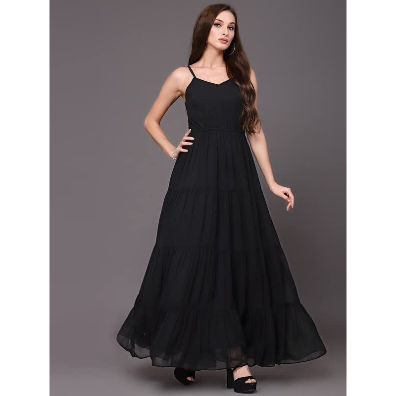 Selvia Women's Solid Sleeveless Weight Less/Georgette Sweetheart Neck Empire Dress(401Tk7264N-Xl_Black)