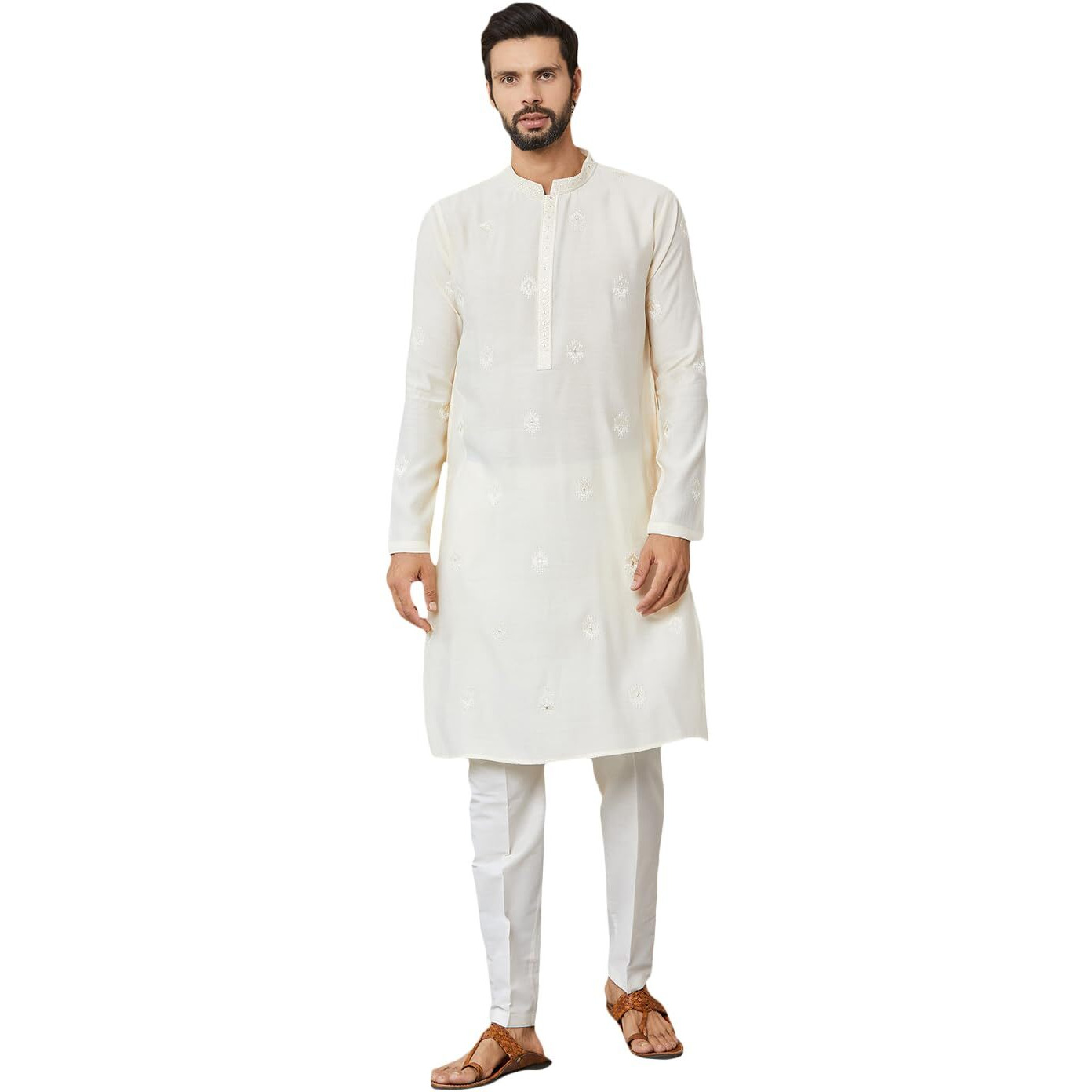 See Designs Men's Long Sleeve Mandarin Collar Side Slit Cream Embroidered Pure Chanderi Silk Straight Kurta - Sdkt2550L