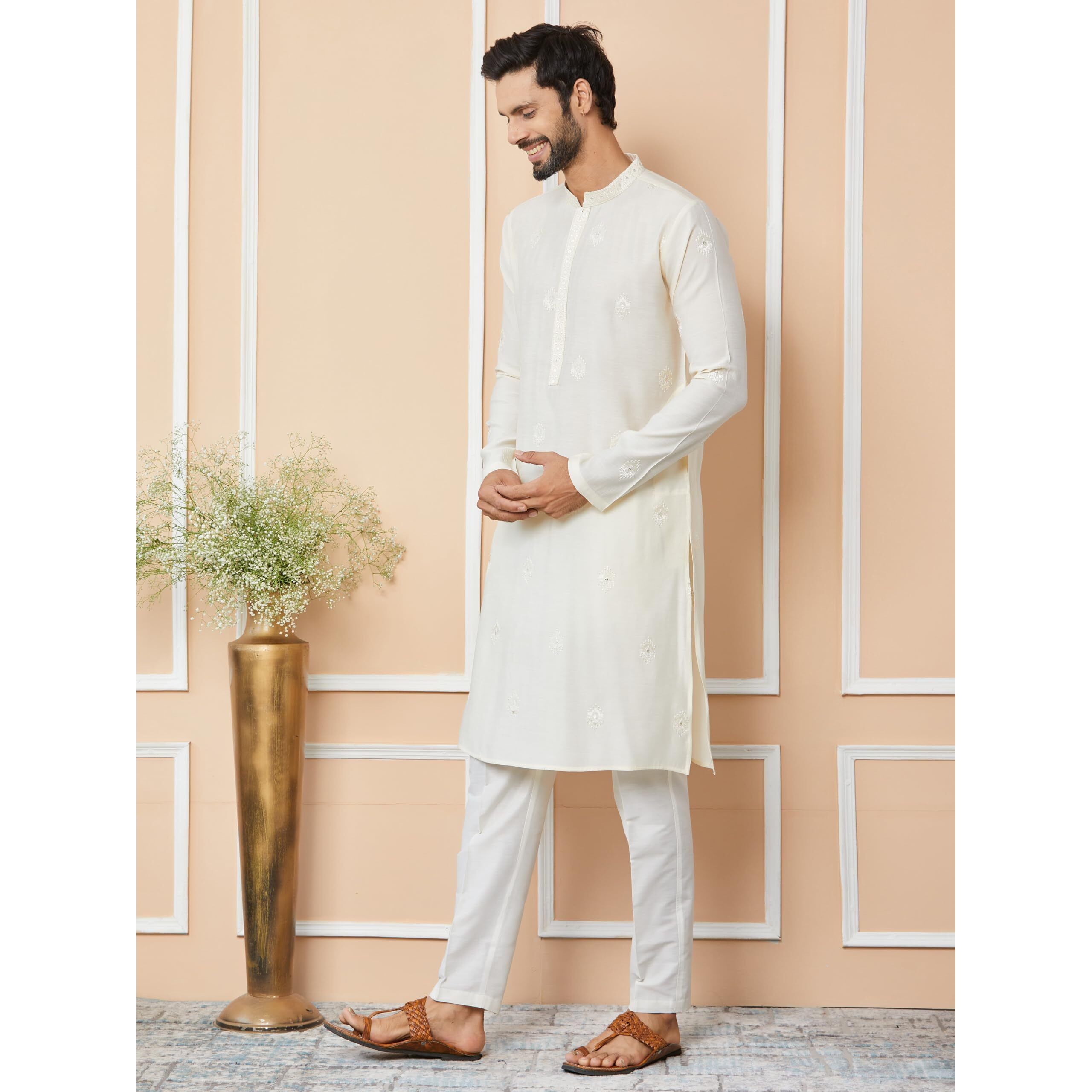 See Designs Men's Long Sleeve Mandarin Collar Side Slit Cream Embroidered Pure Chanderi Silk Straight Kurta - Sdkt2550L