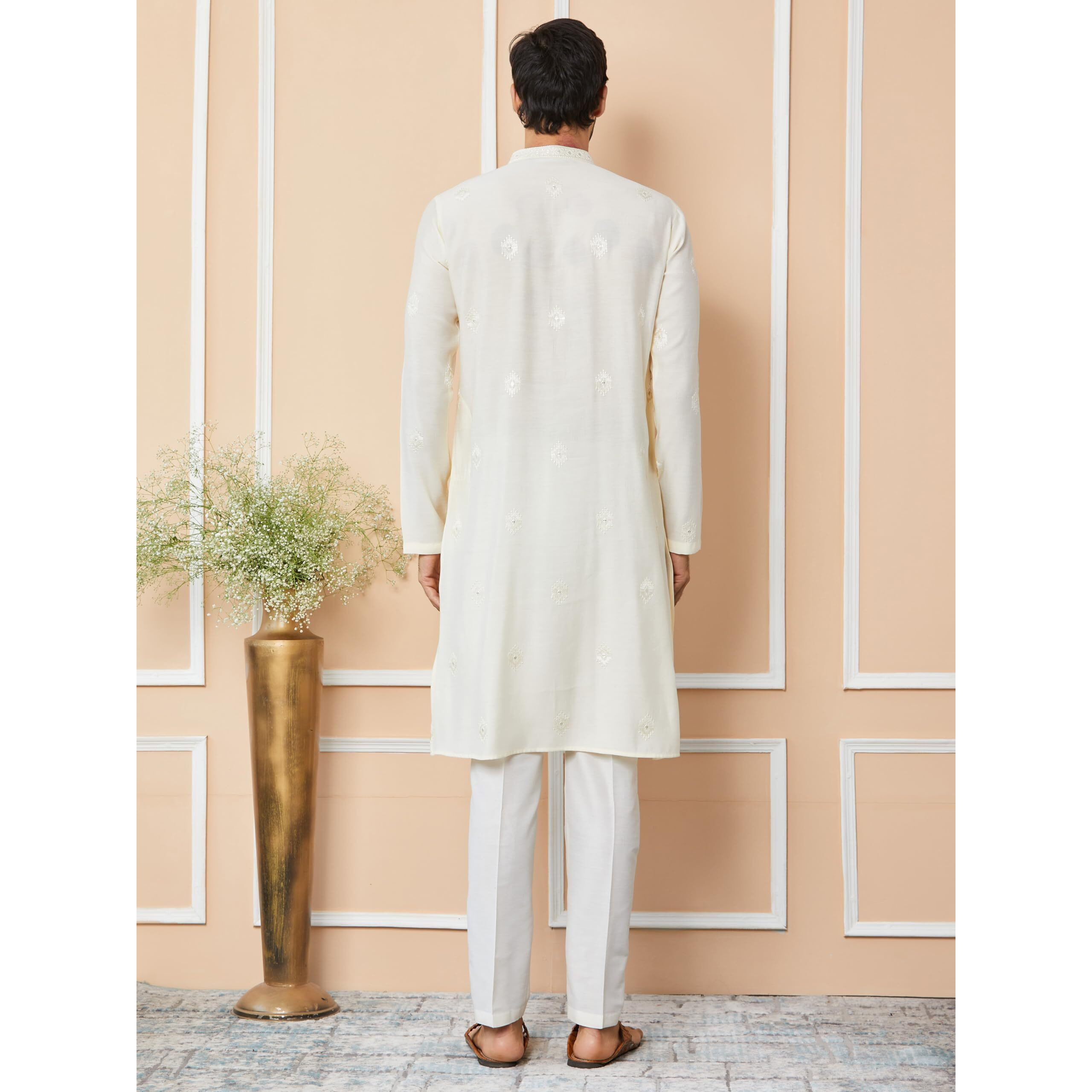 See Designs Men's Long Sleeve Mandarin Collar Side Slit Cream Embroidered Pure Chanderi Silk Straight Kurta - Sdkt2550L