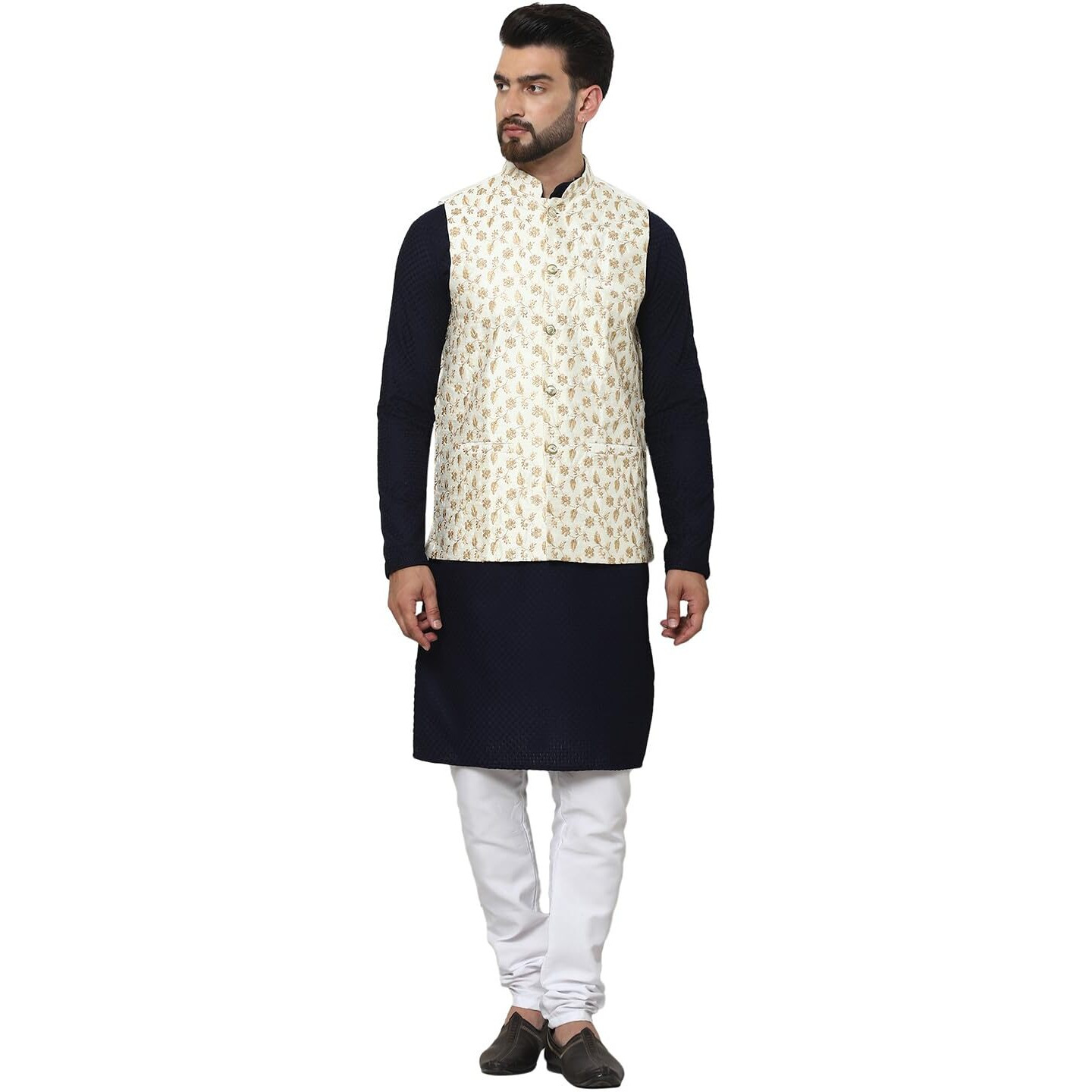Sojanya (Since 1958 Men's Pure Cotton Navy Kurta And White Pyjama With Embroidered Cream Nehru Jacket