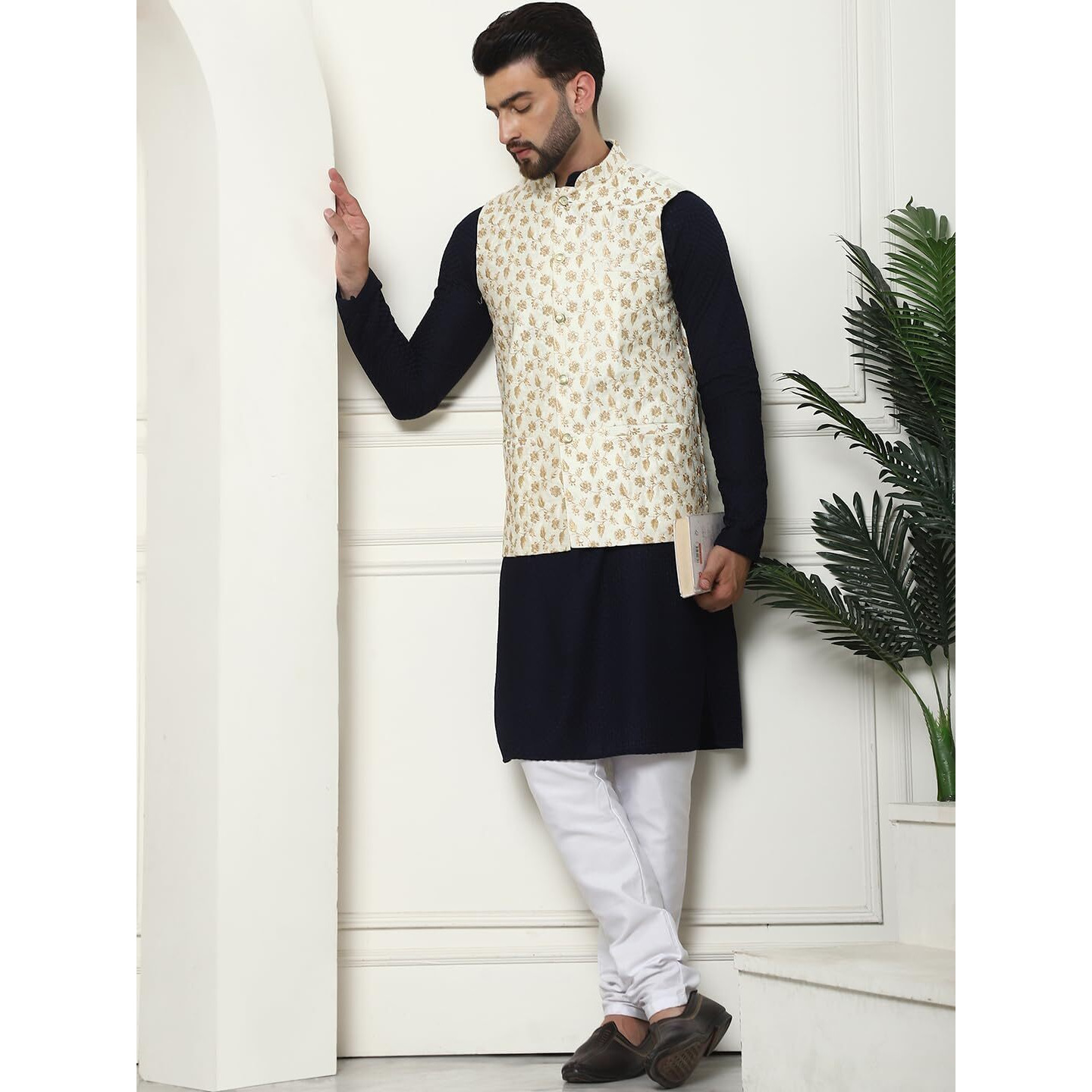 Sojanya (Since 1958 Men's Pure Cotton Navy Kurta And White Pyjama With Embroidered Cream Nehru Jacket