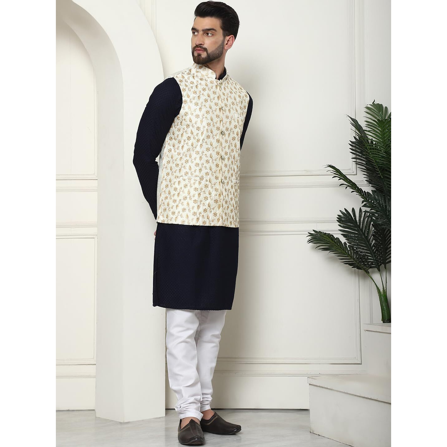 Sojanya (Since 1958 Men's Pure Cotton Navy Kurta And White Pyjama With Embroidered Cream Nehru Jacket
