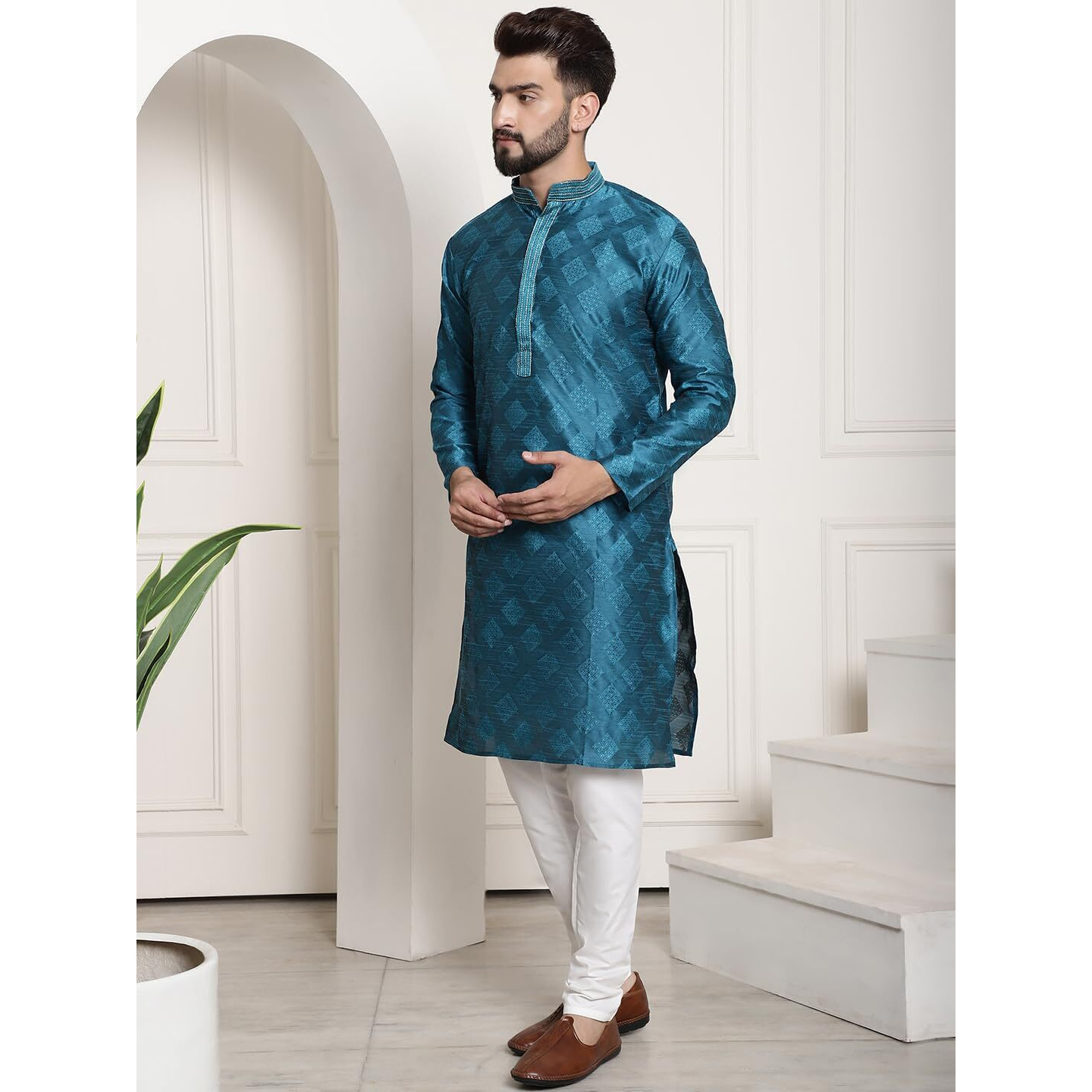 Sojanya (Since 1958 Men's Jacquard Silk Peacock Blue Self Design Kurta & Off White Churidar Pyjama