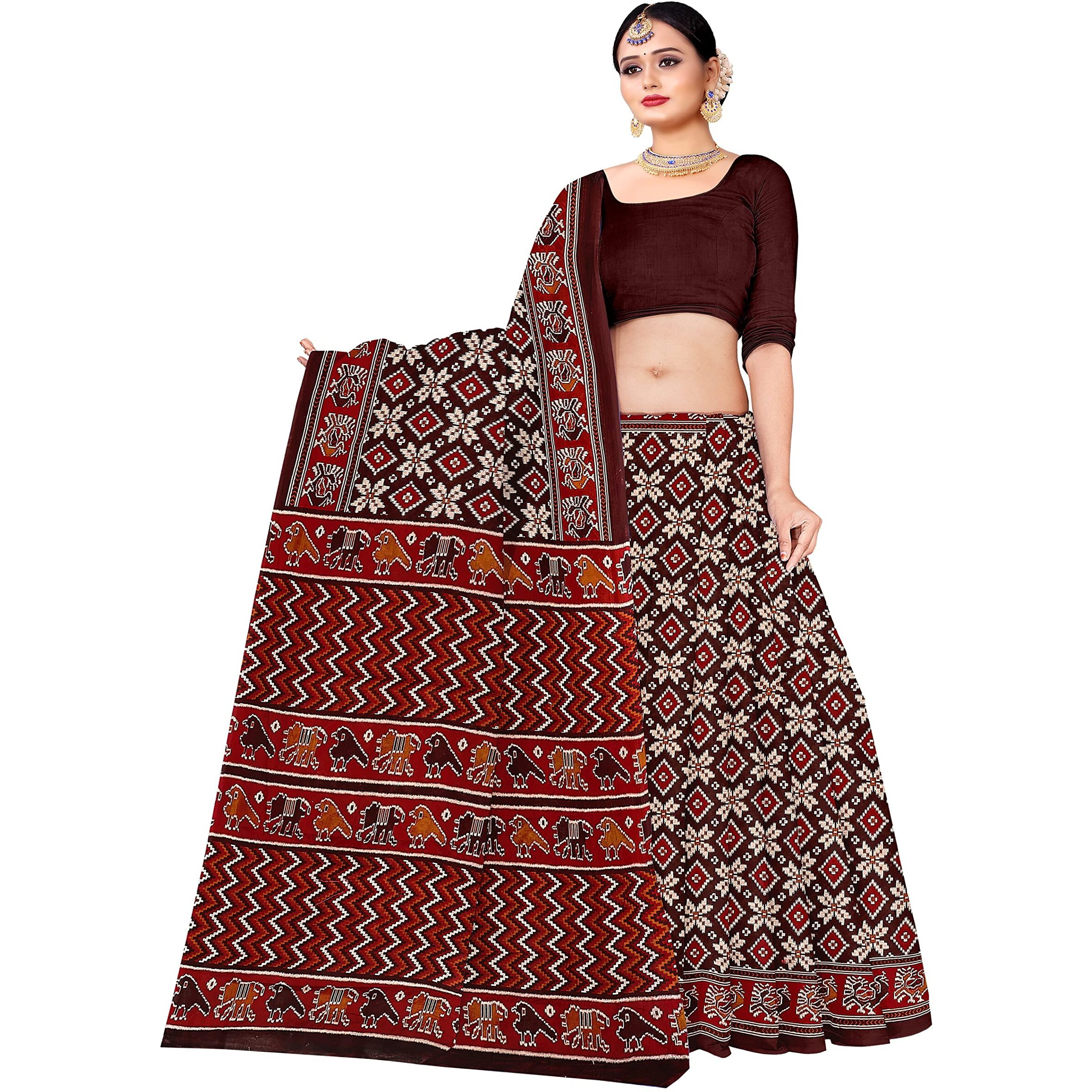 Tamaira Fashion Women's Plain Weave Pure Cotton Saree Without Blouse Piece(Ab34_Dark Chocolate)