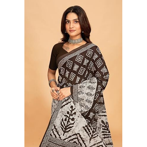 Tamaira Fashion Women's Batik Printed Pure Cotton Mulmul Saree Without Blouse Piece(2480_Grey)