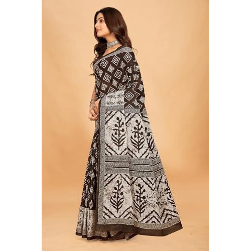 Tamaira Fashion Women's Batik Printed Pure Cotton Mulmul Saree Without Blouse Piece(2480_Grey)