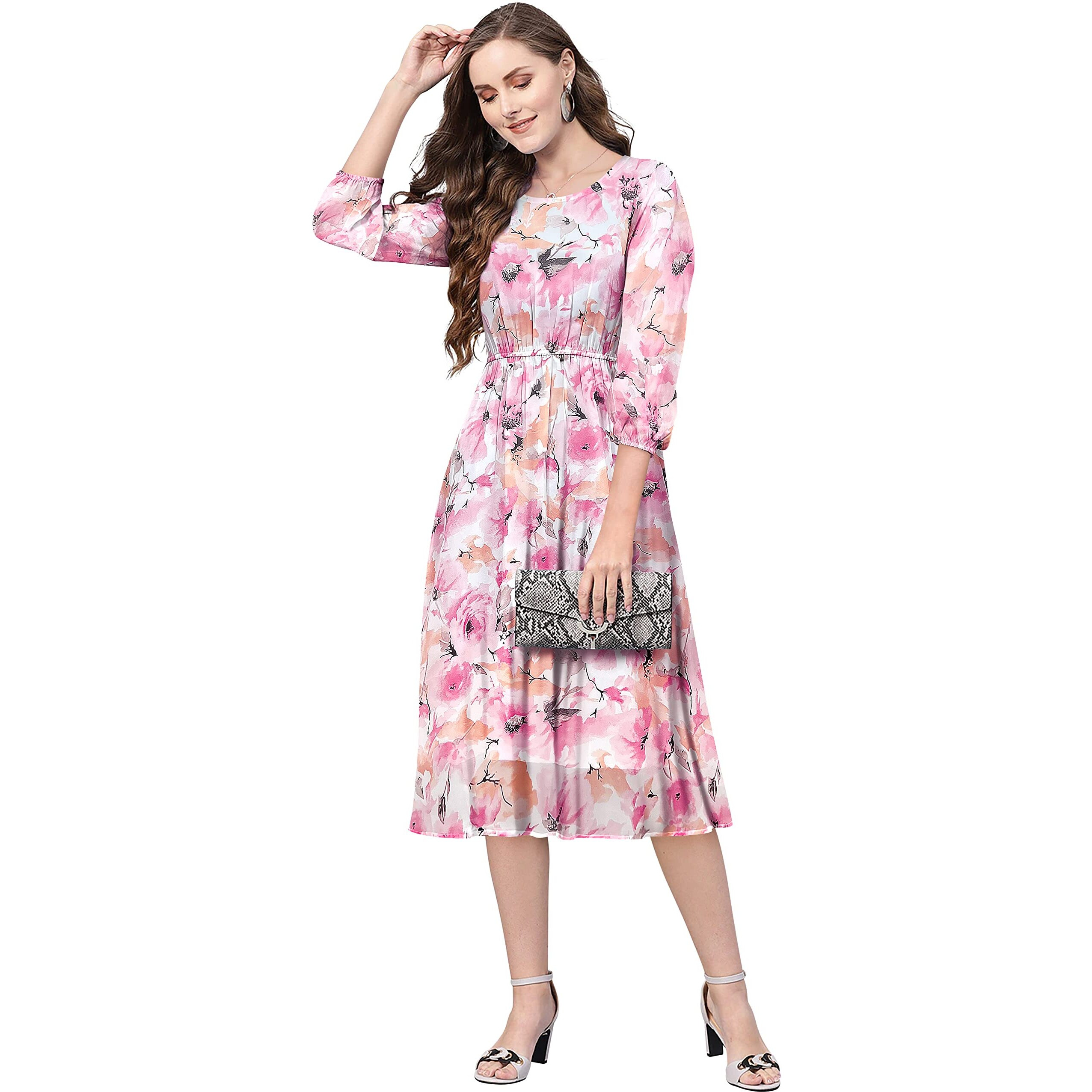 Toochki Pink Georgette Floral Fit & Flared Kurti Kurta Dress For Women A Line Suitable In Summer Latest Trendy Stylish Kurtas