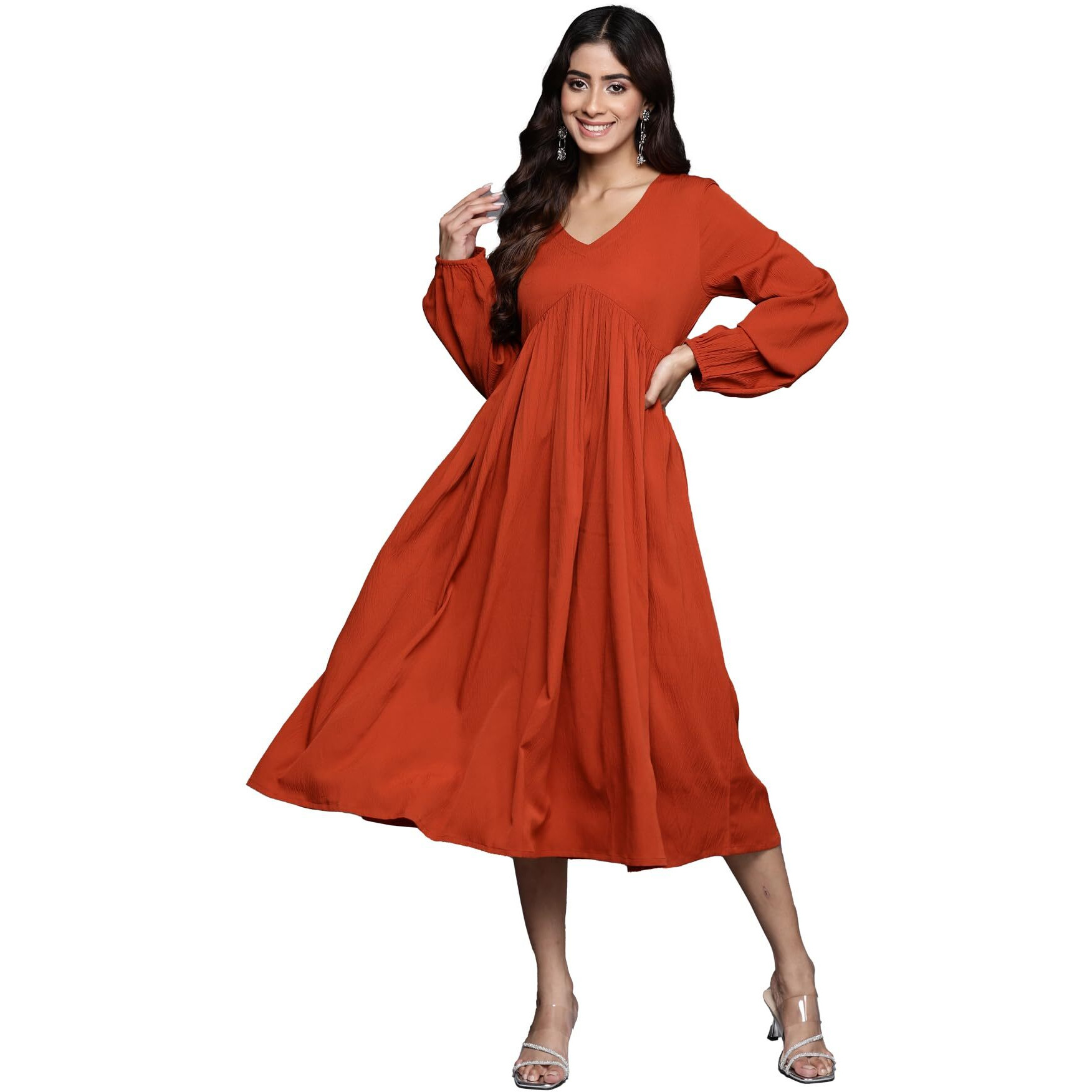 Varanga Women Rust V-Neck A-Line Dress With Bishop Sleeves, Flared Hem - Stylish Casual Dress For Women, Comfortable Fashion, Calf Length (Double Extra Large)