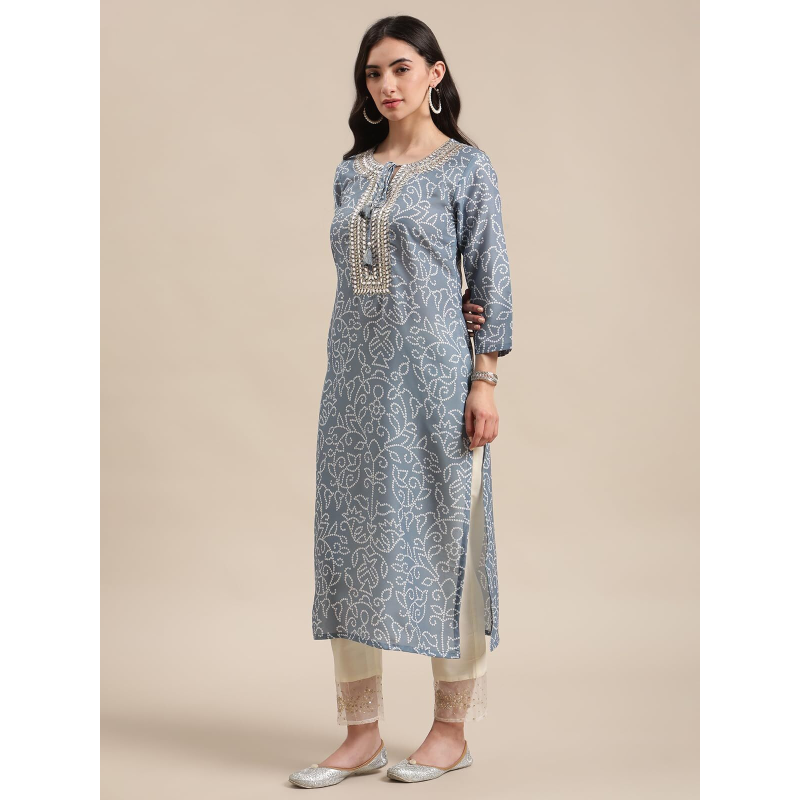Varanga Bandhej Gota Patti Embroidery Straight Kurta With Dori Tassel Embellishment In Light Grey Color (Large)
