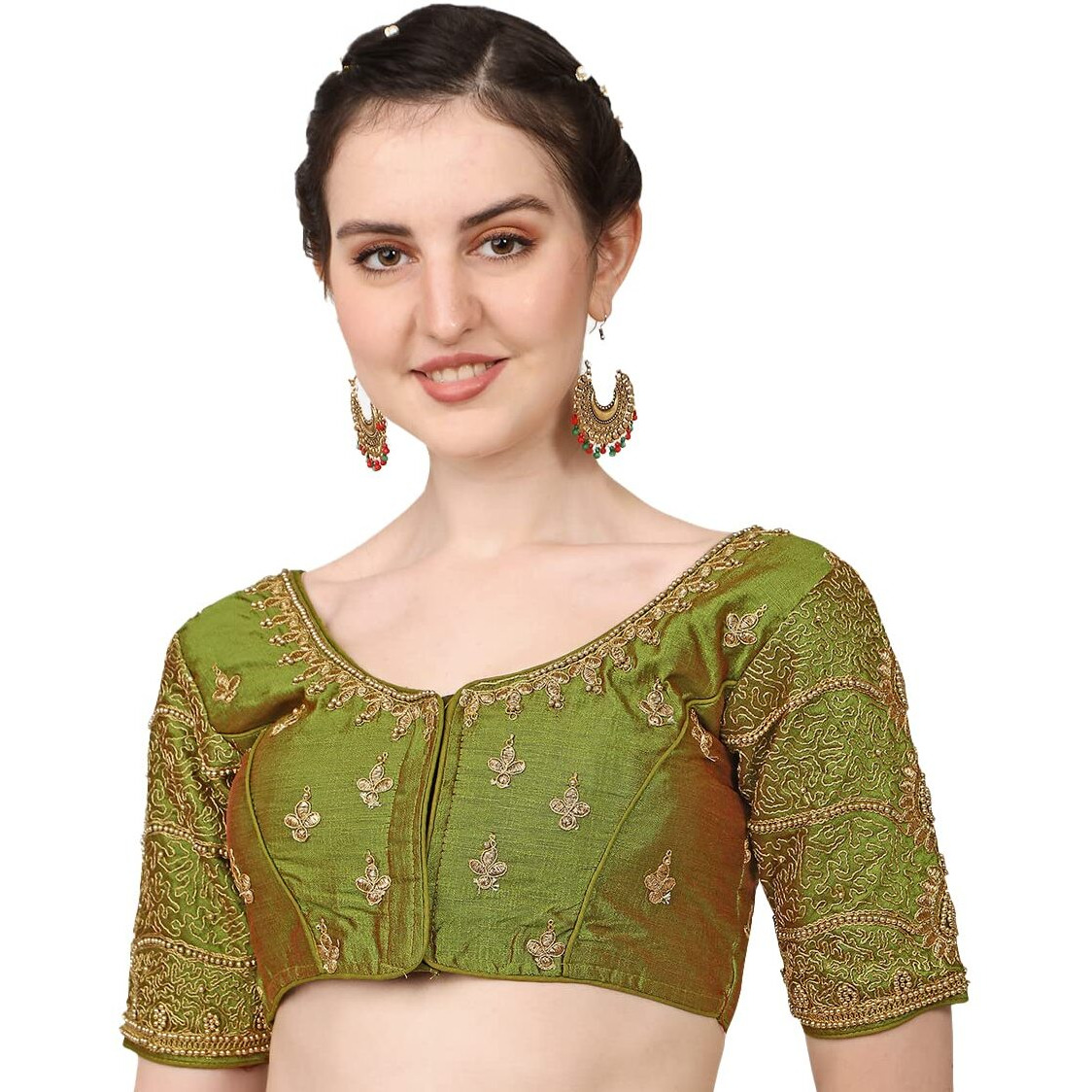 Vihu Fashion Women's Silk Floral Half Sleeve Regular Blouse (Vf Billa Mehendi 38