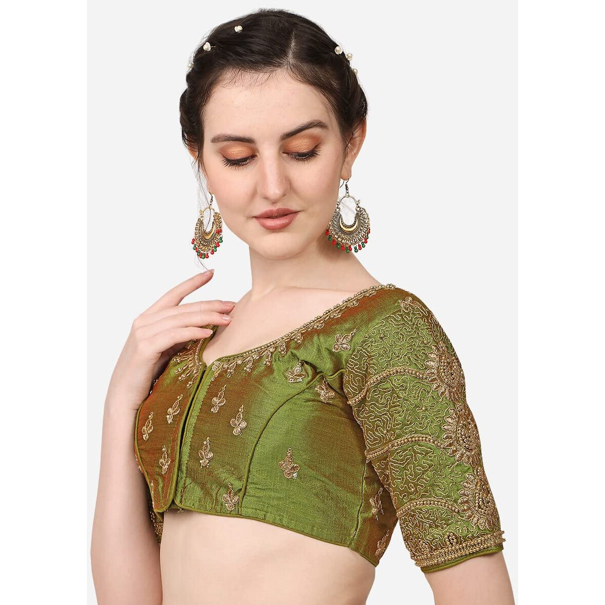 Vihu Fashion Women's Silk Floral Half Sleeve Regular Blouse (Vf Billa Mehendi 38