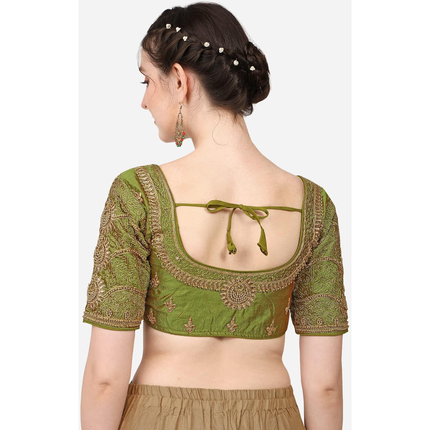 Vihu Fashion Women's Silk Floral Half Sleeve Regular Blouse (Vf Billa Mehendi 38