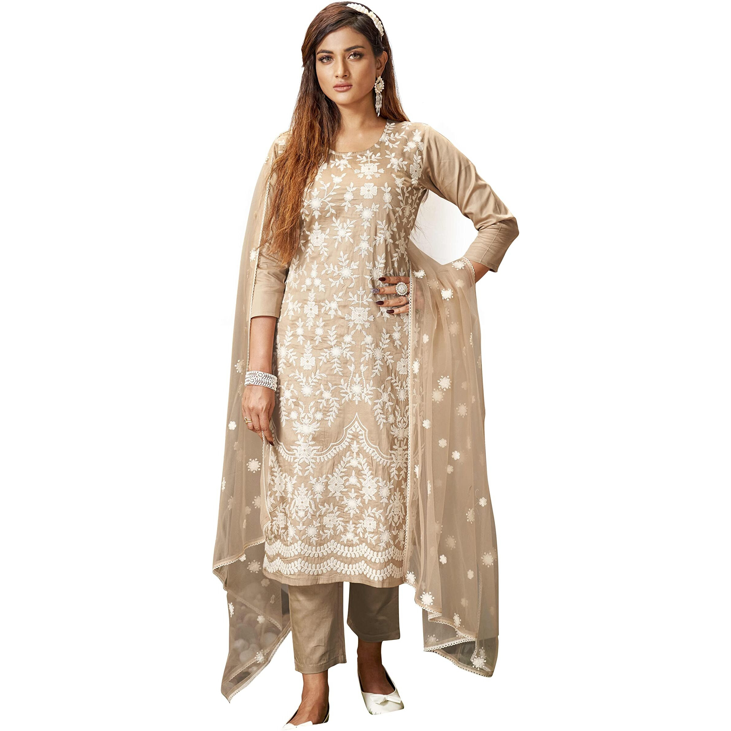 Womanista Women's Floral Embroidered Chikankari Pure Cotton Kurta With Trousers & Dupatta(Kurtaset_1121_M), Kurta Trouser With Dupatta Set