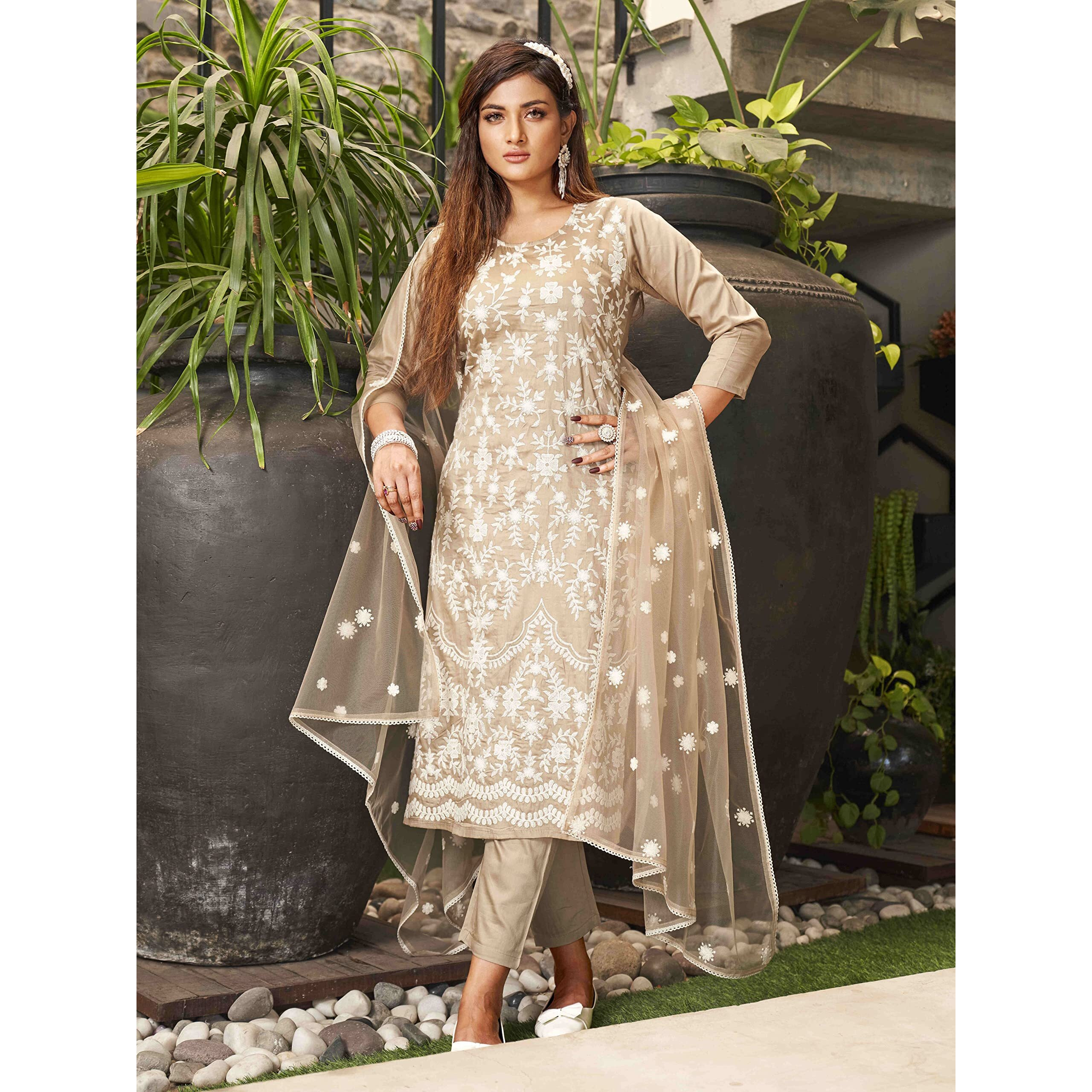 Womanista Women's Floral Embroidered Chikankari Pure Cotton Kurta With Trousers & Dupatta(Kurtaset_1121_M), Kurta Trouser With Dupatta Set