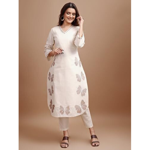 Womanista Women's Linen Solid Regular Set (Co-Ords_9120_Off White_L)