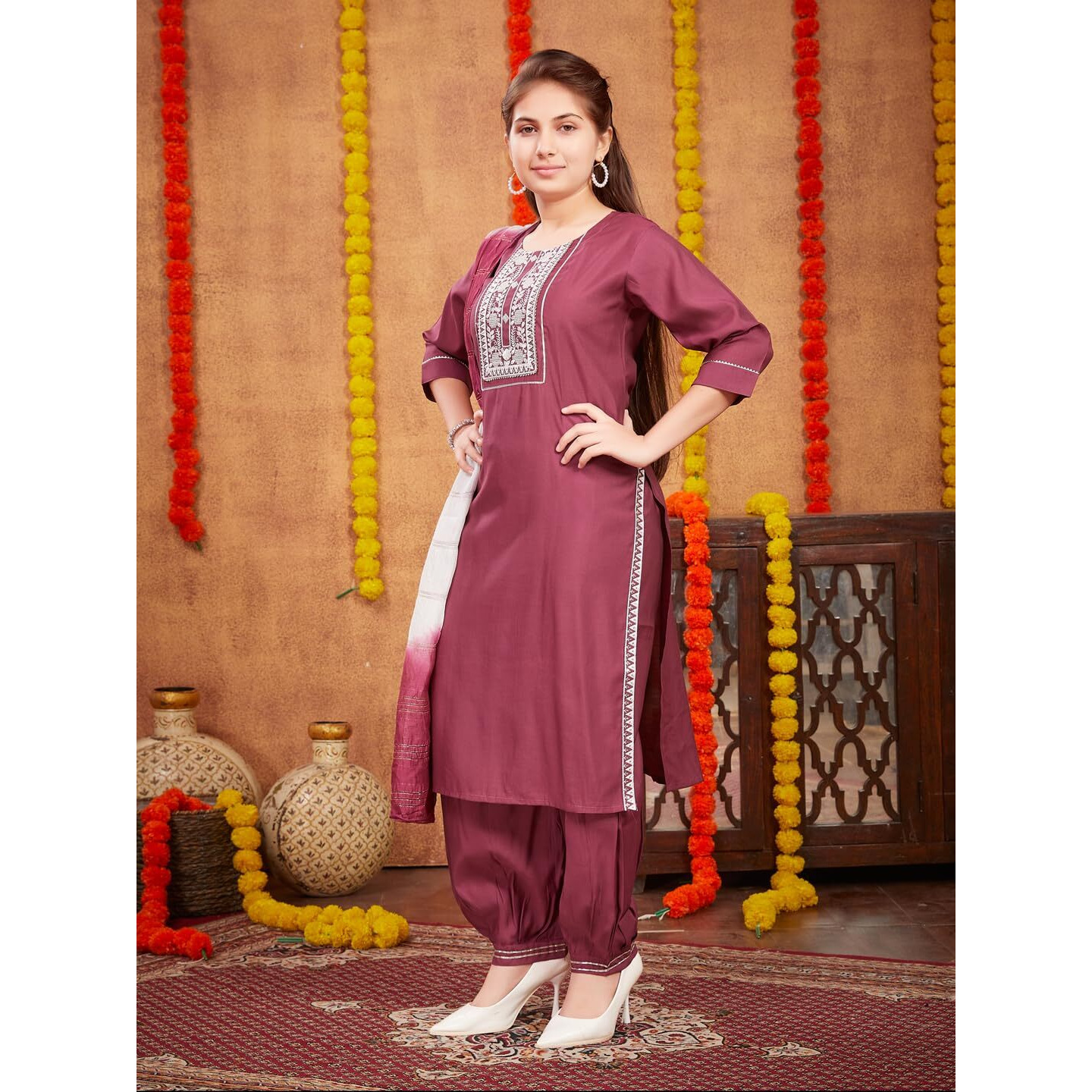 Aarika Girls Ethnic Wear Wine Colour Sequin Thread Embroidery With Gota Work Silk Kurti Patiala Set (9-16 Years)