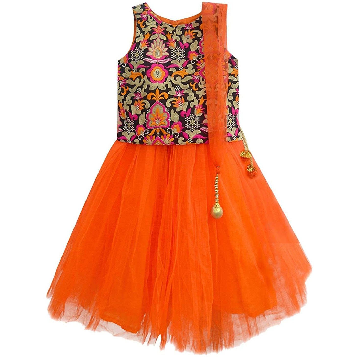 A.T.U.N Girl's Synthetic Lehenga Choli (Glhg Taf Org_Multi-Orange_8-9 Yr)