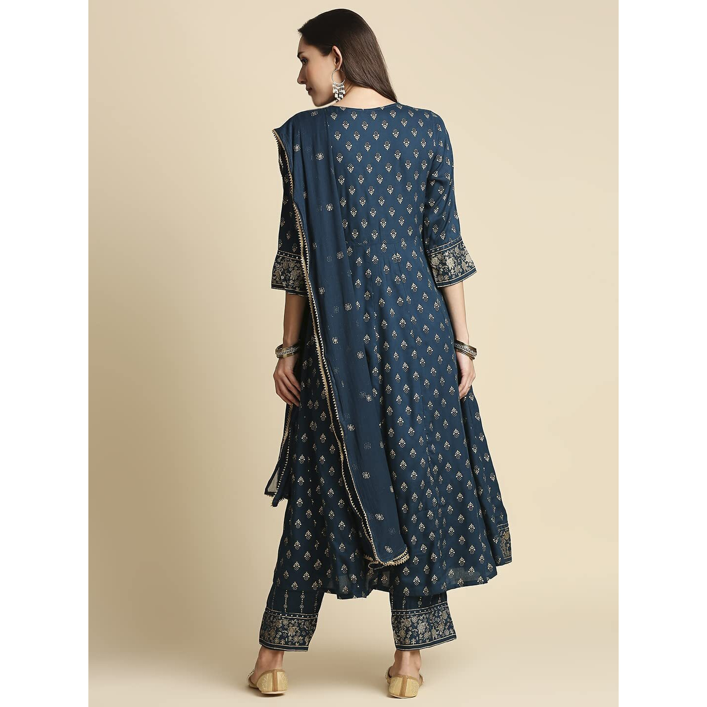 Anubhutee Navy Blue Ethnic Print Anarkali Kurta Pant Suit Set With Dupatta For Women