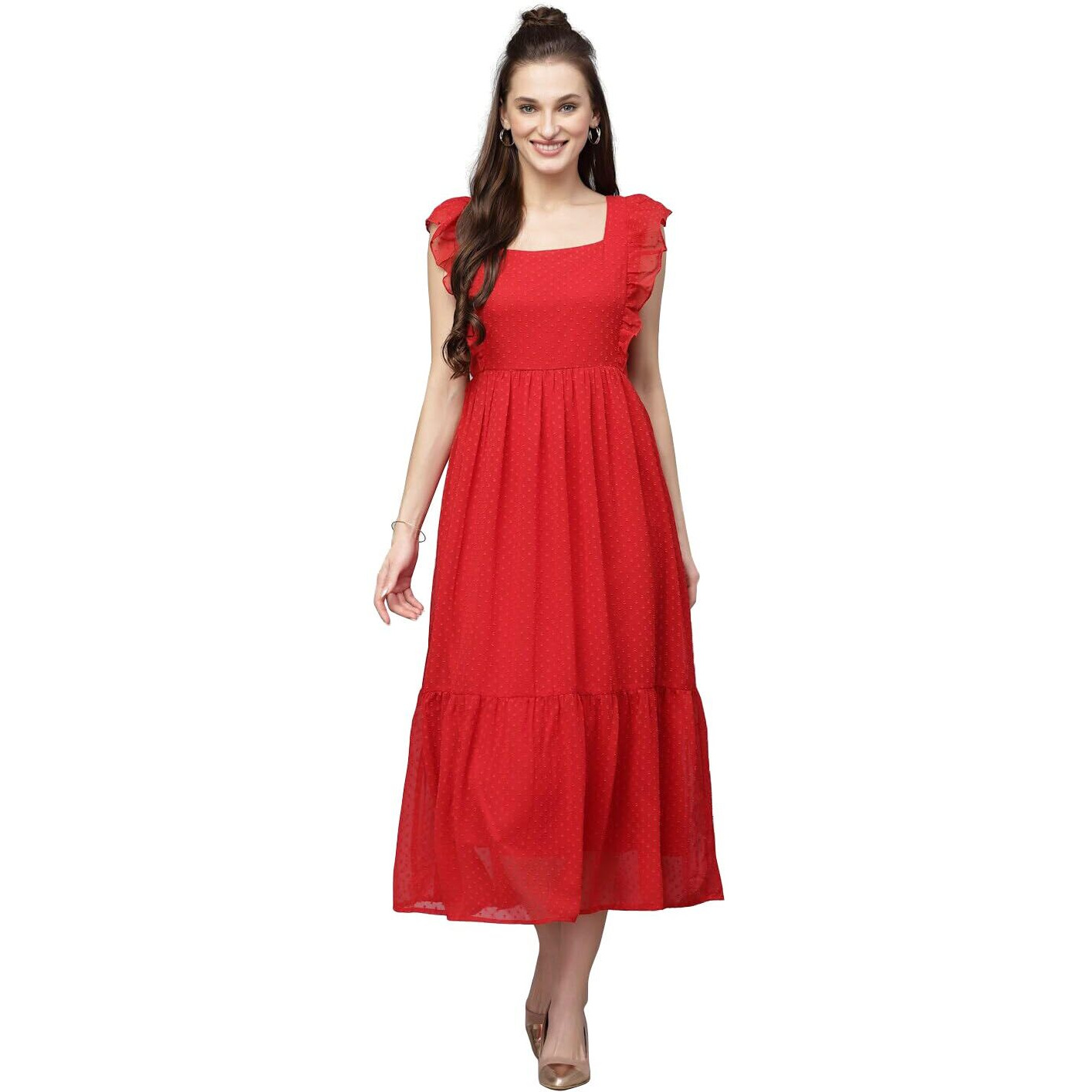 Avanova Georgette Jacquard Butti Red Square Neck Knee Length Western Dresses For Women (Dress 89 Red Xl)