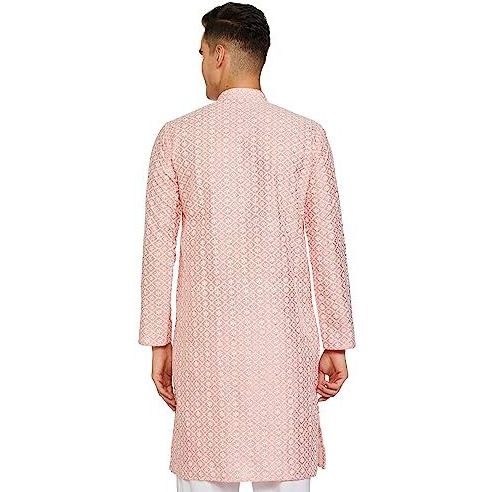 Be Active Men's Traditional Embroidered Lucknowi Full Sleeves Kurta || Cotton Kurta For Men || Men Kurta For Wedding || Kurta For Men (Rfsk0013-Kr 11 S) Pink