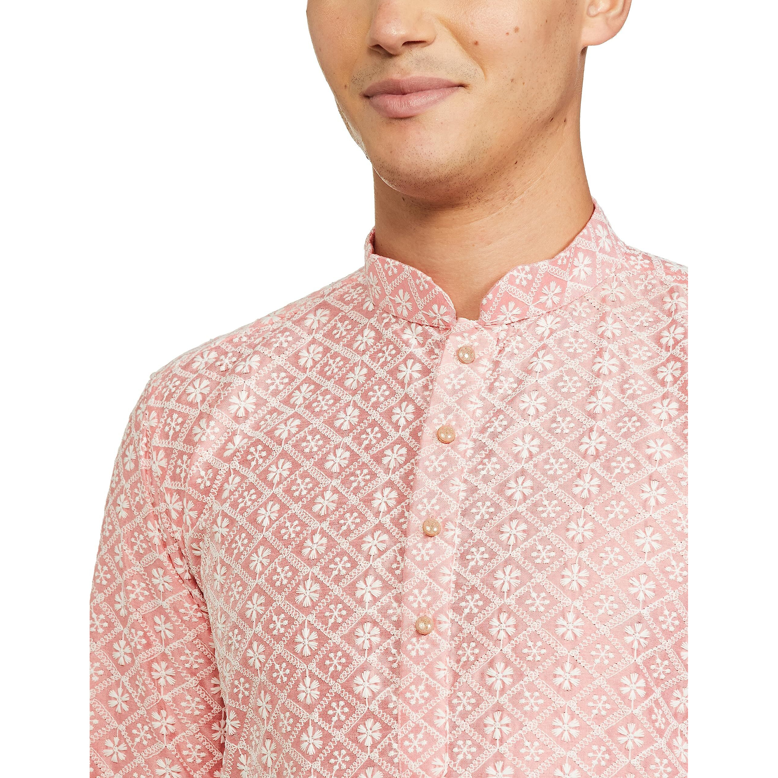Be Active Men's Traditional Embroidered Lucknowi Full Sleeves Kurta || Cotton Kurta For Men || Men Kurta For Wedding || Kurta For Men (Rfsk0013-Kr 11 S) Pink