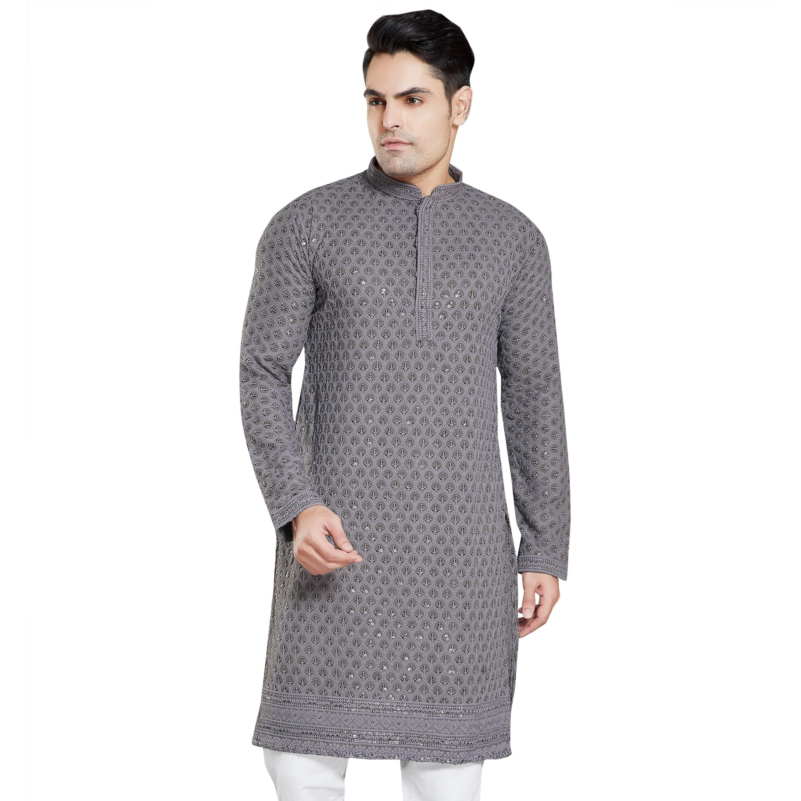 Divisive Men's Sequince Embroidered Cotton Blend Only Kurta (Dkrt3_S_Charcol Grey)