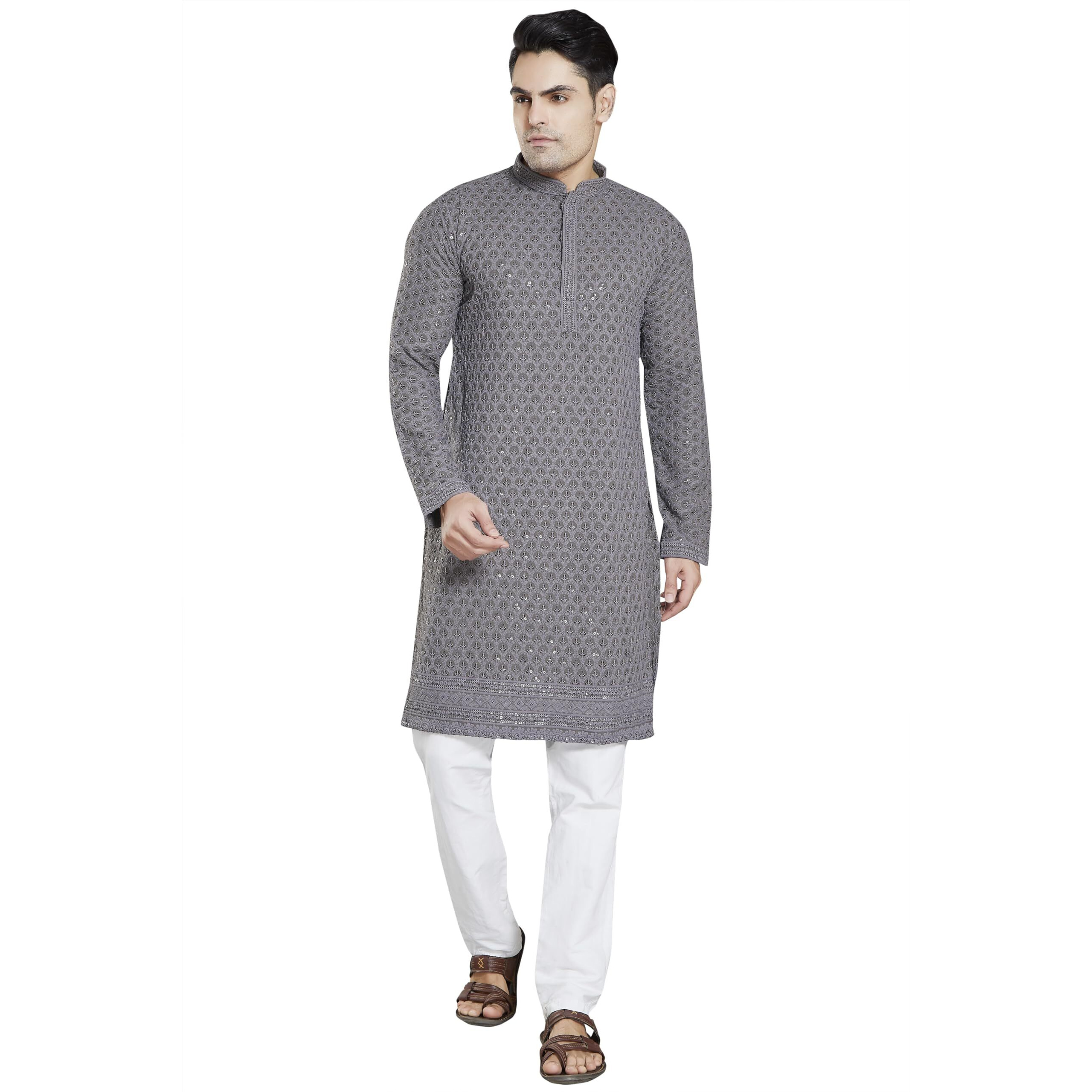 Divisive Men's Sequince Embroidered Cotton Blend Only Kurta (Dkrt3_S_Charcol Grey)