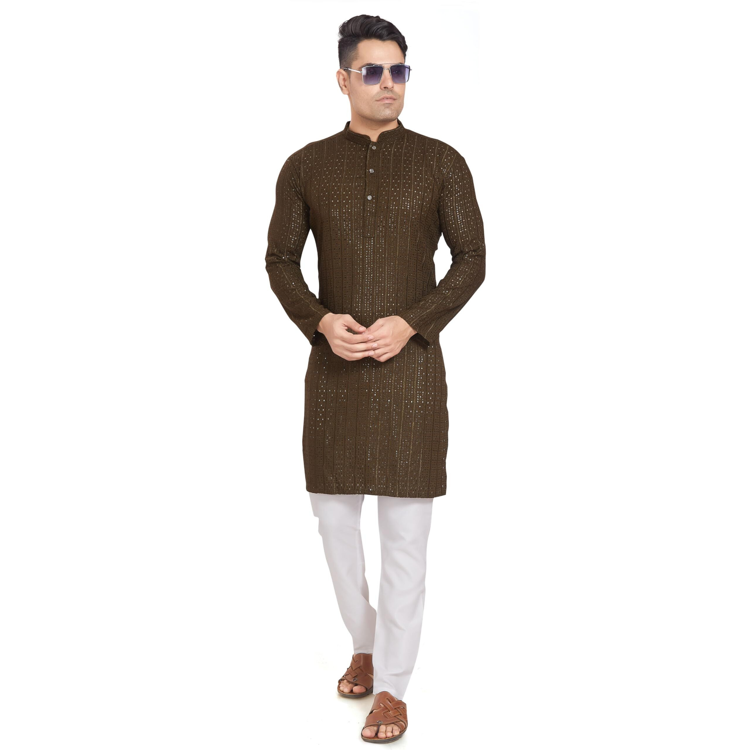Divisive Men's Embroidered Cotton Blend Only Slim Fit Kurta (Dkrt374_M_Mehendi)