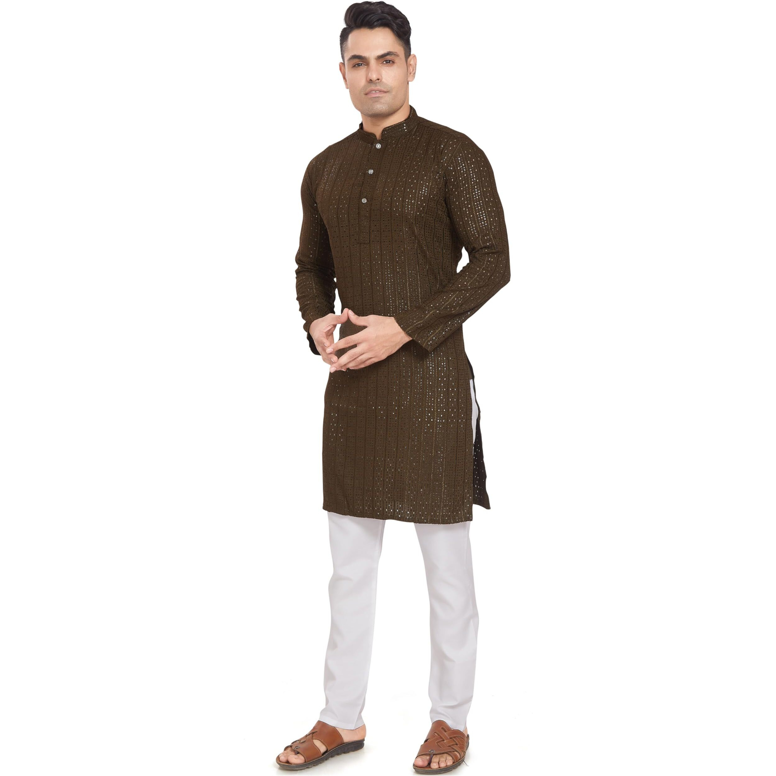Divisive Men's Embroidered Cotton Blend Only Slim Fit Kurta (Dkrt374_M_Mehendi)