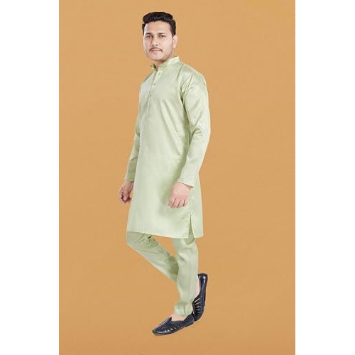 Divisive Men's Plain Dupion Silk Blend Slim Fit Kurta Pyjama Set (Dkrt924_S_Bright Green)
