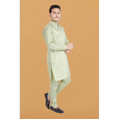 Divisive Men's Plain Dupion Silk Blend Slim Fit Kurta Pyjama Set (Dkrt924_S_Bright Green)