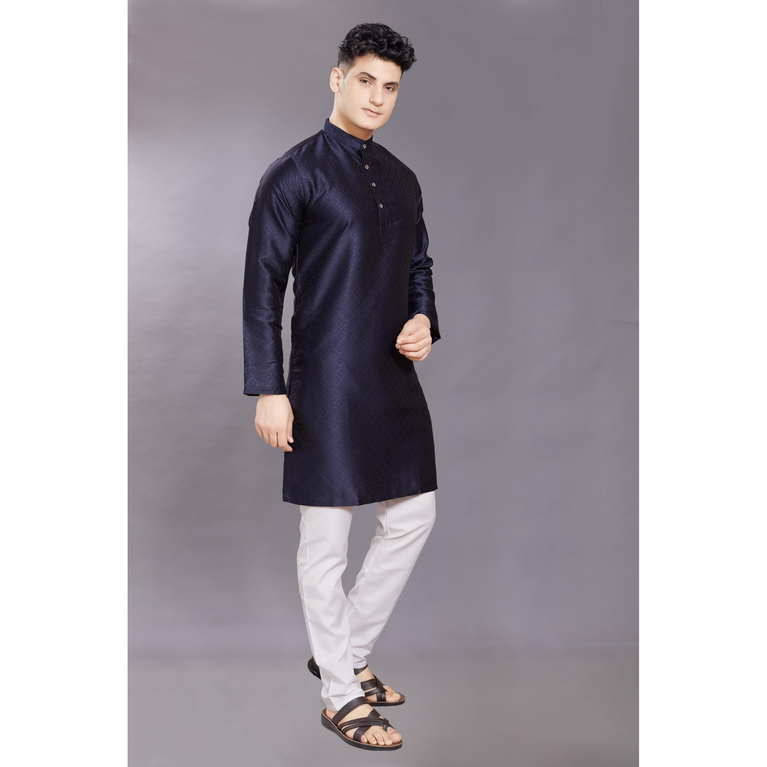 Divisive Men's Self Woven Jequard Art Silk Slim Fit Only Kurta (Dkrt402_S_Navy)