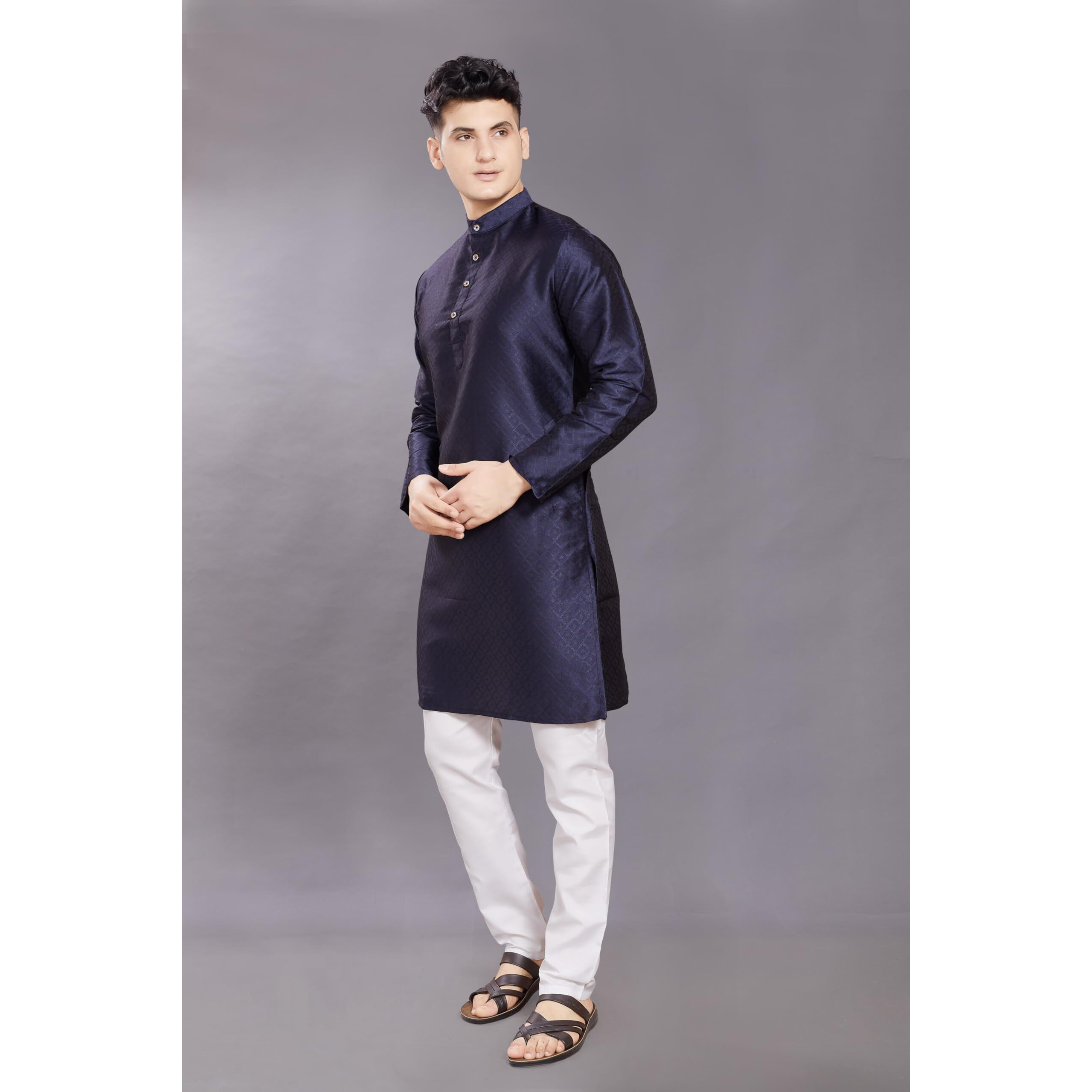 Divisive Men's Self Woven Jequard Art Silk Slim Fit Only Kurta (Dkrt402_S_Navy)