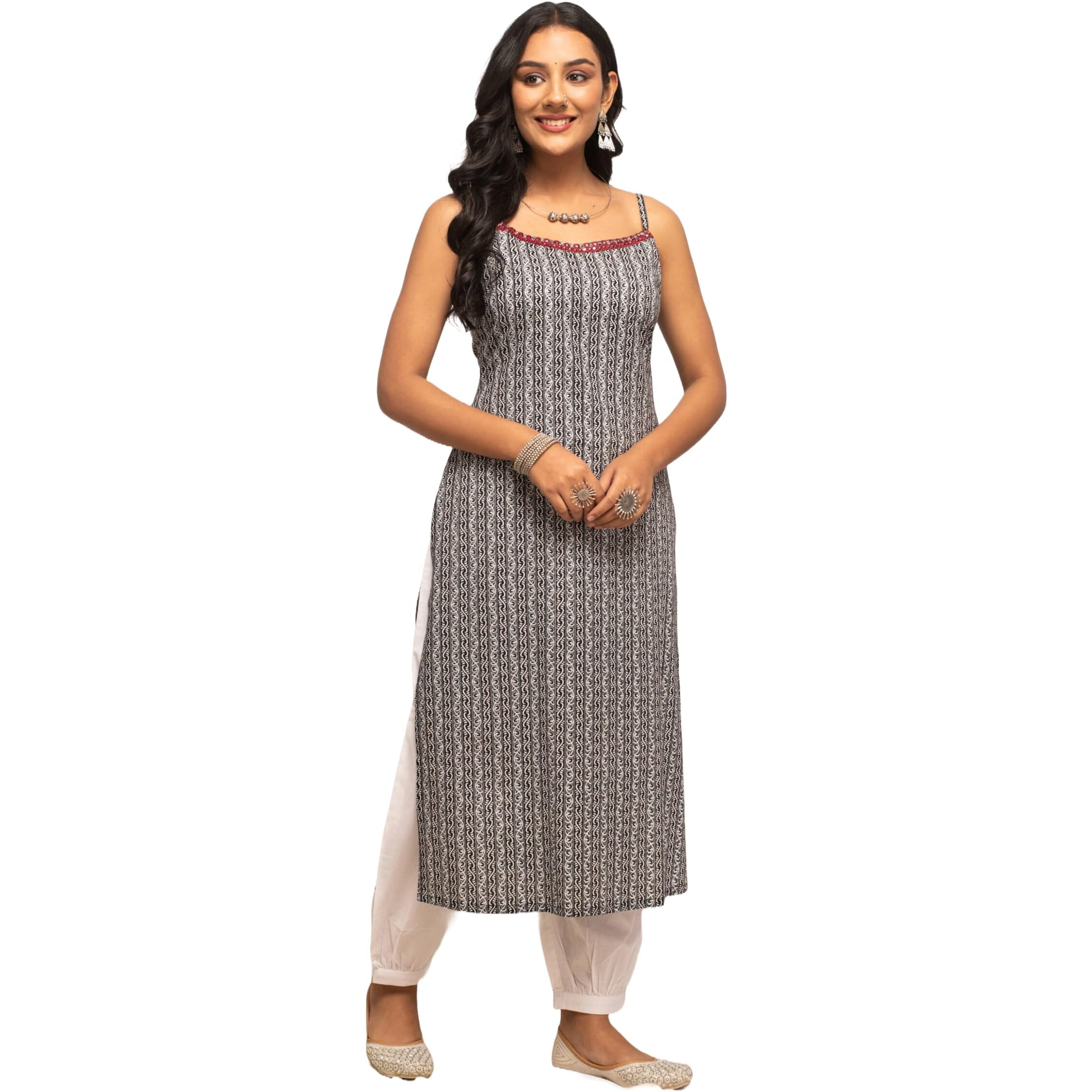 Fiorra Women's Striped Printed Black Cotton Straight Kurta Far0107