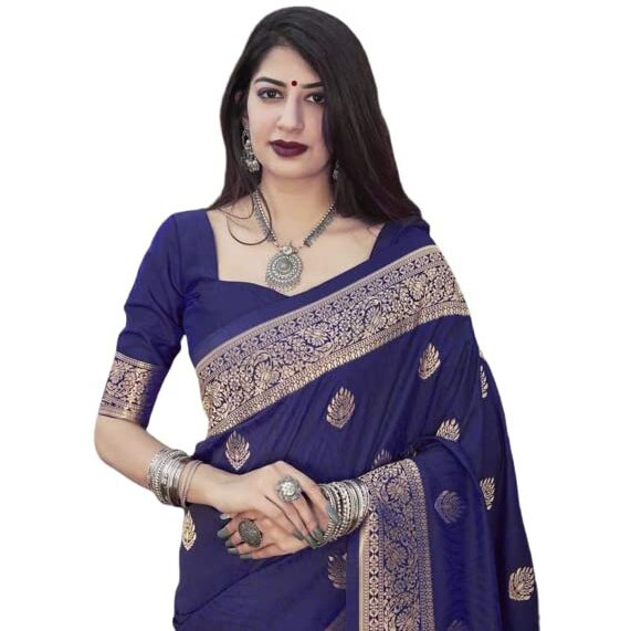 Flosive Women's Present Banarasi Soft Lichi Silk Saree Beautiful Jacquard Rich Pallu Design Work Zari Woven Kanjivaram Silk Style Saree Pushpa With Soft Lichi Silk Blouse Piece (Blue)